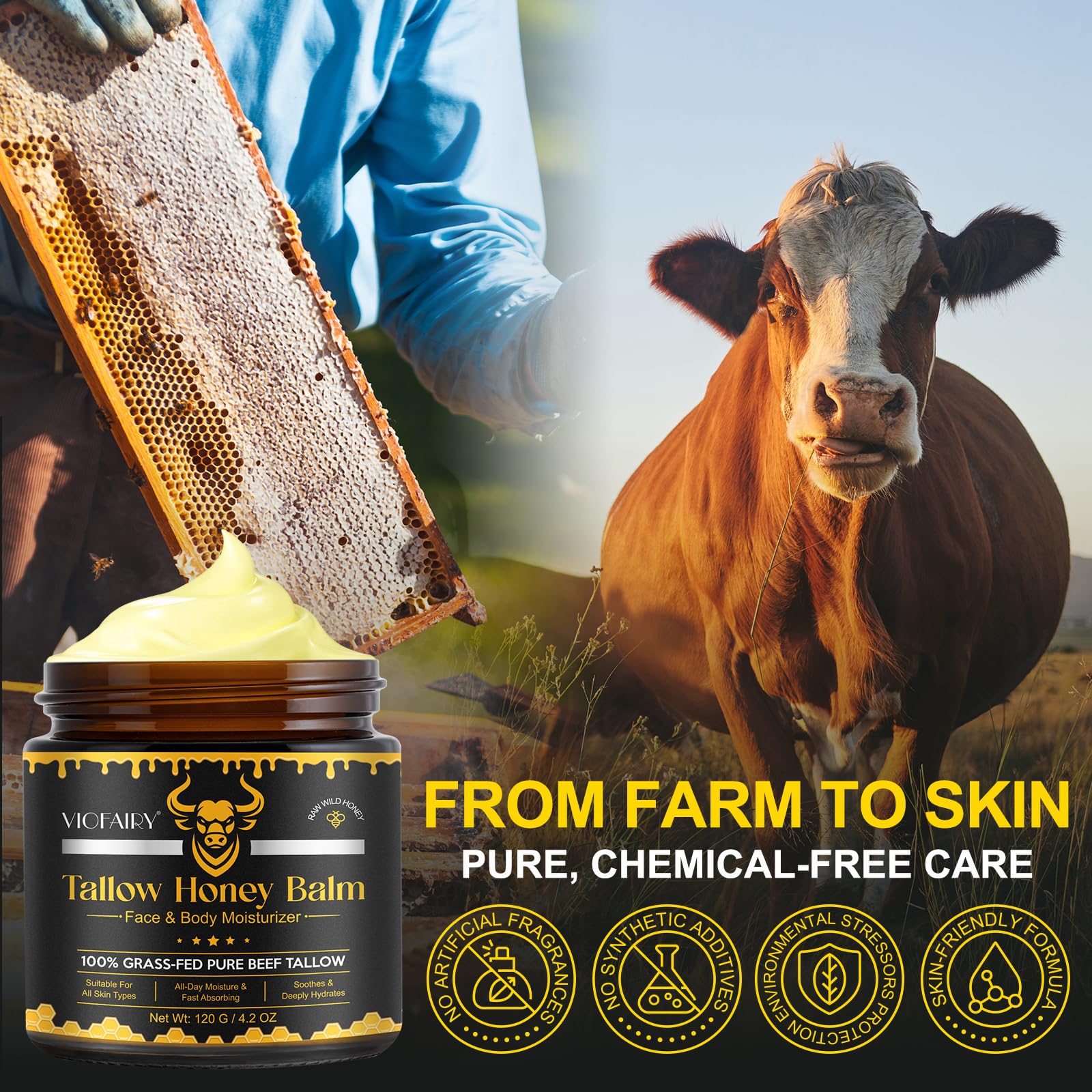 VIOFAIRY Whipped Tallow Honey Balm – Face & Body, 4.2oz