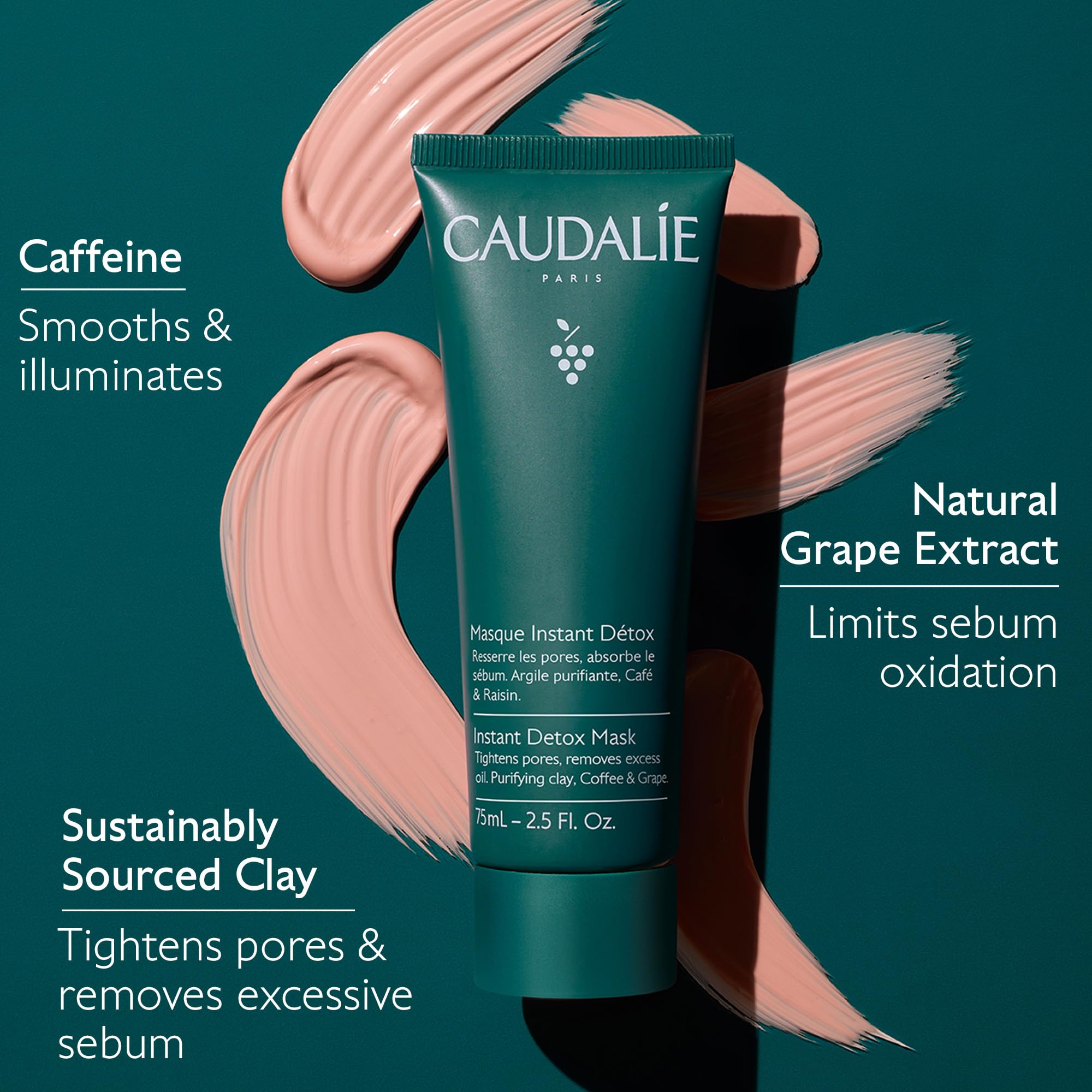 Caudalie Instant Detox Mask with pink clay for pore minimizing and deep cleansing on face, 75 mL.