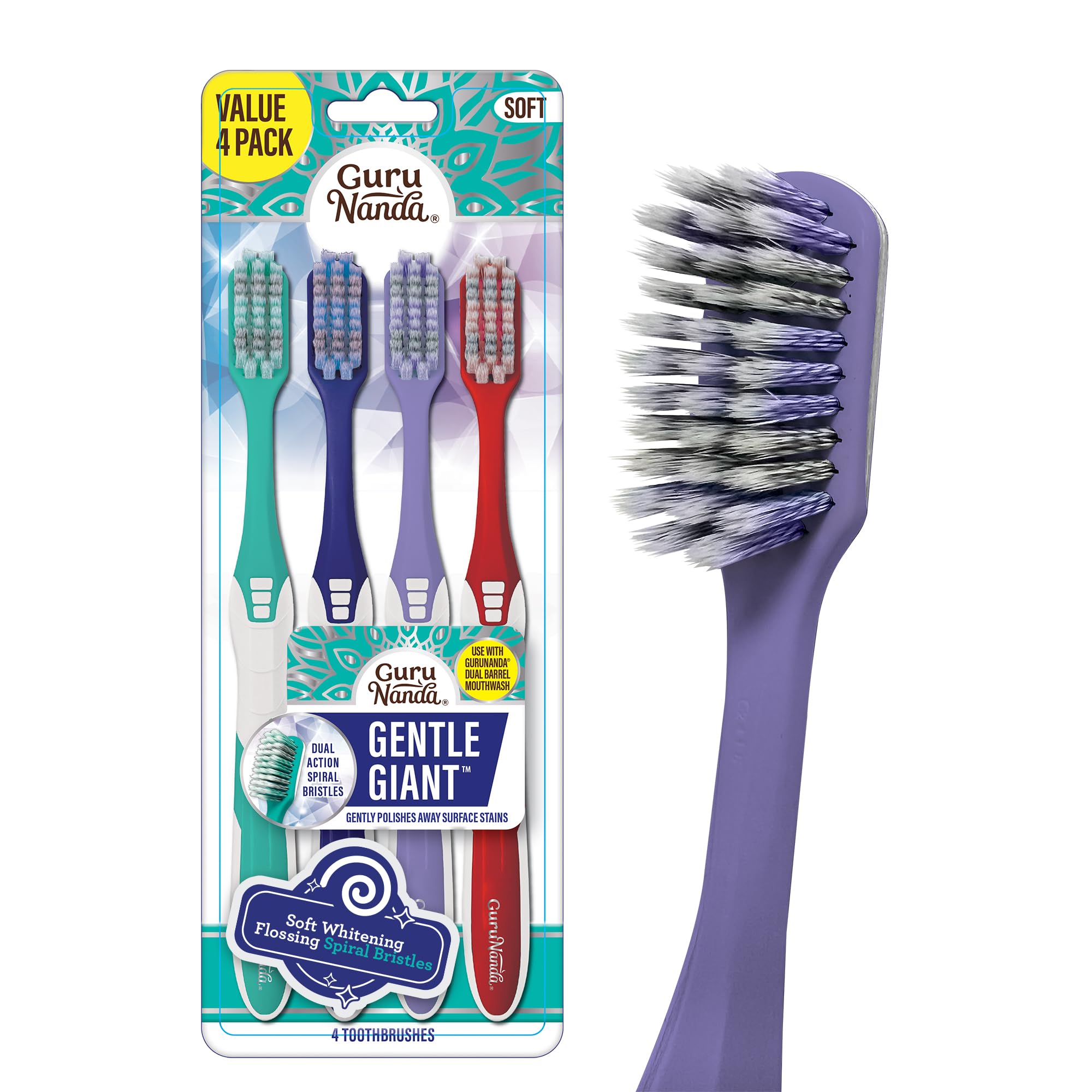 GuruNanda Gentle Giant Toothbrush with Dual Action Flossing - Product Imagery