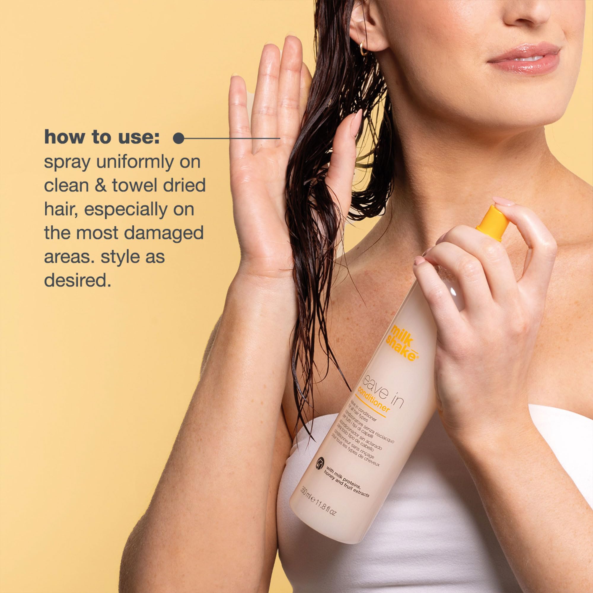 milk_shake Vanilla Leave-In Conditioner spray in 11.8 oz bottle, detangling and nourishing for smooth hair.