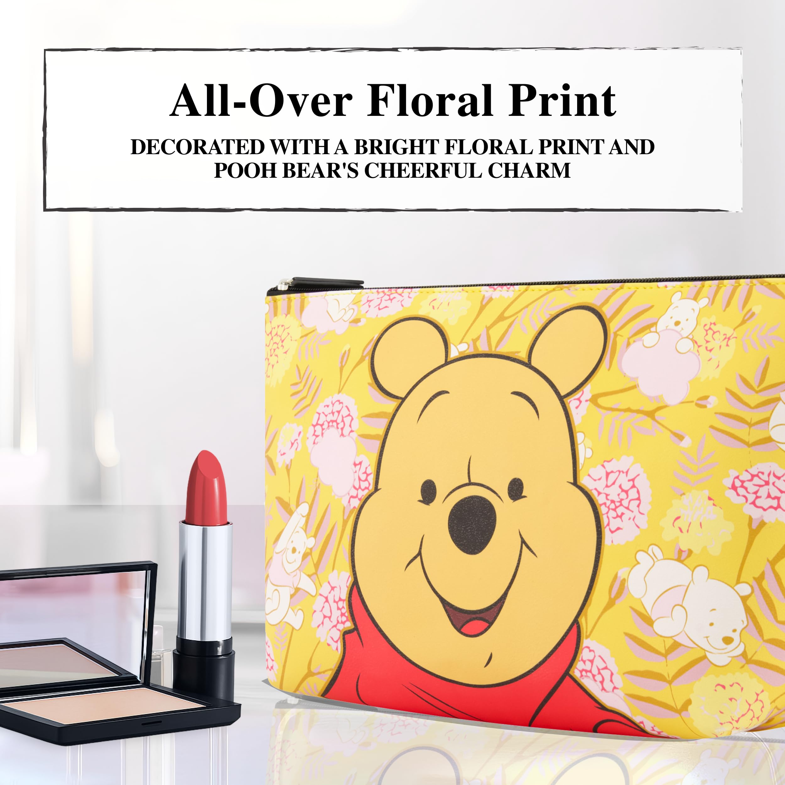Concept One Disney Winnie the Pooh honey floral makeup bag with zipper, featuring Winnie the Pooh design and floral accents.