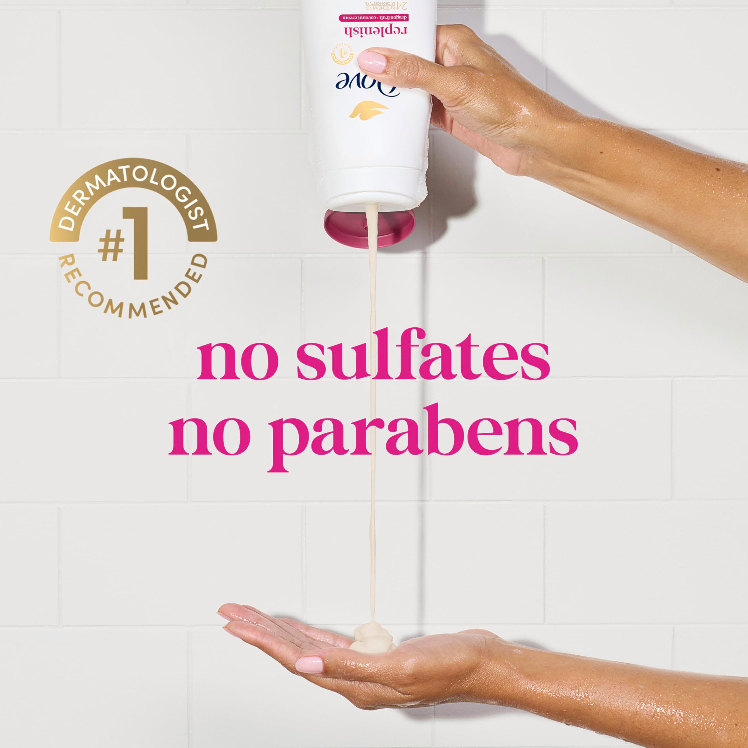 Dove Body Wash Dragon Fruit & Coconut Cream 4-pack bottles with colorful labels and creamy textures visible.
