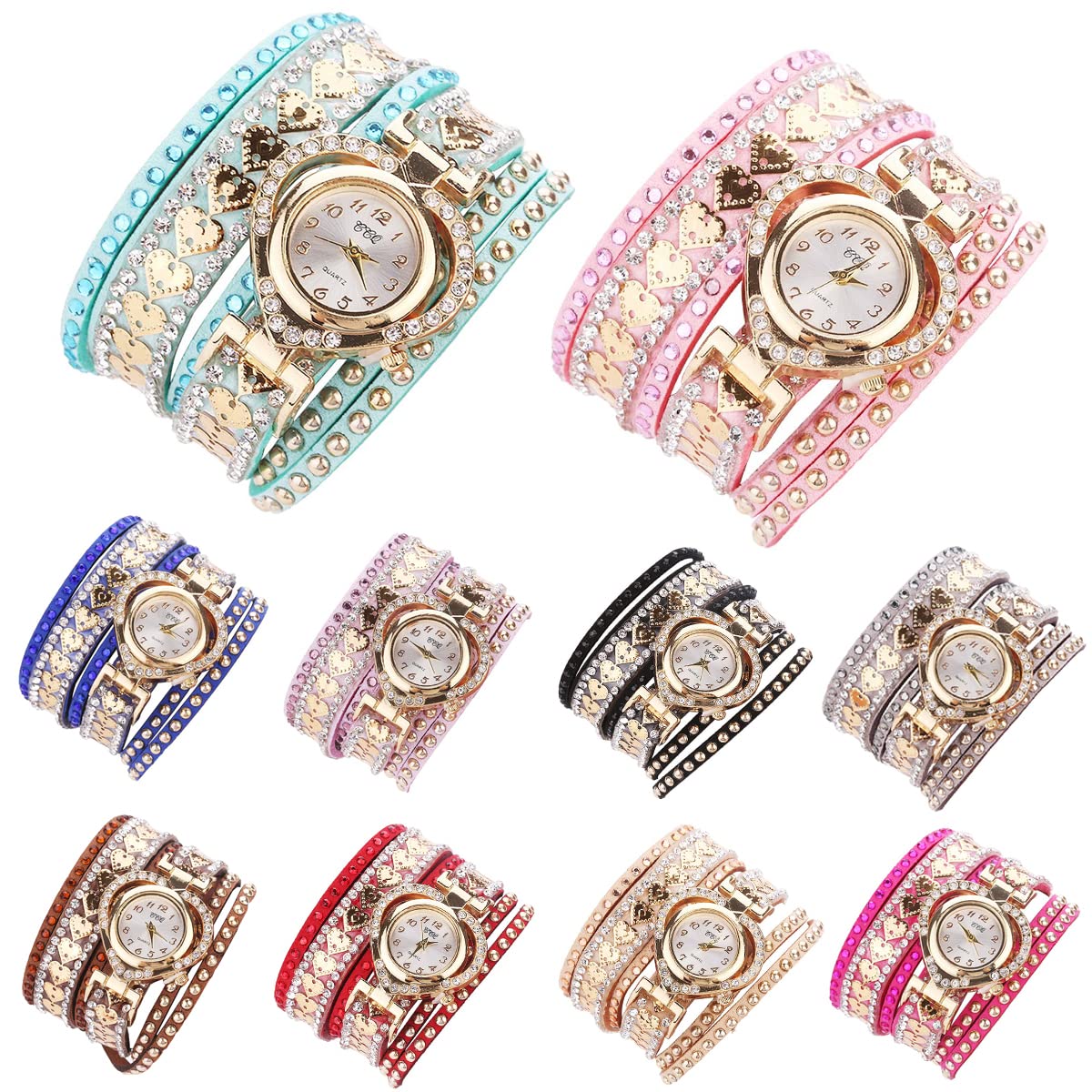 CdyBox Women Fashion Watch Inlay Rhinestone Quartz Watches Heart Shape Dial Bracelet Winding Wrap Wristwatches 10 Pack –
