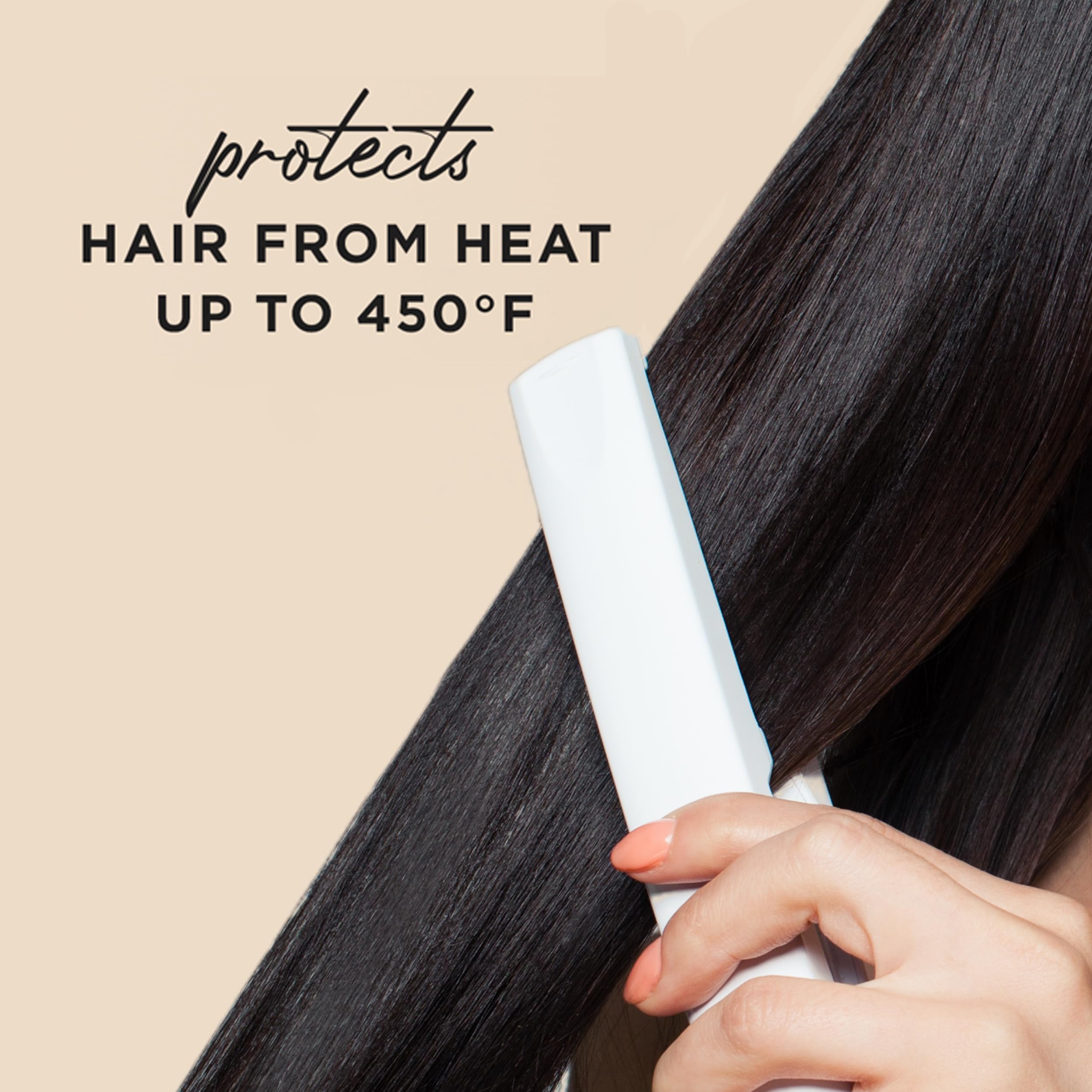 Hair Food Coconut & Argan Oil Heat Protectant Spray bottle, 6.4 fl oz, with a pump dispenser and tropical-themed label.
