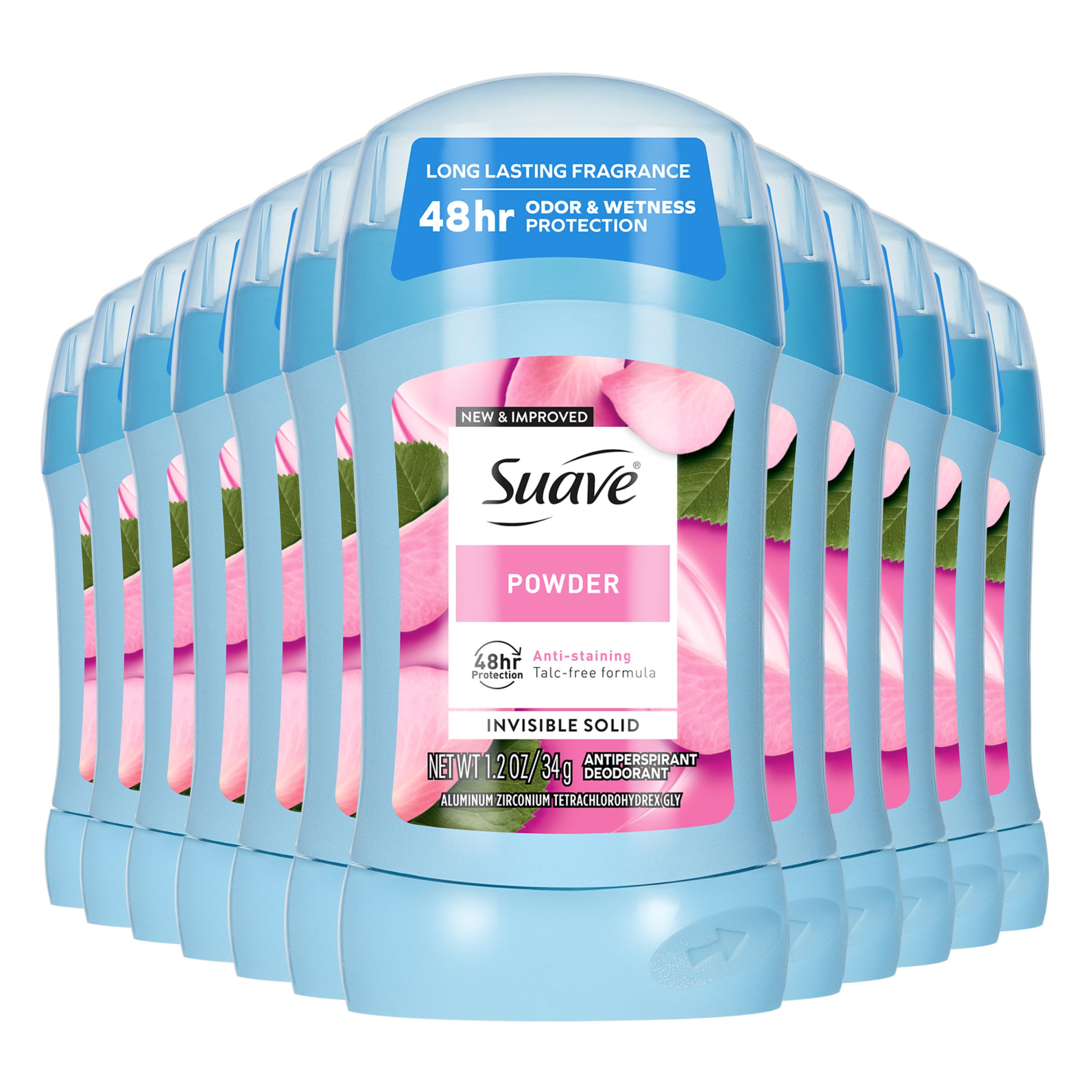 Box of 12 Suave Women's Antiperspirant Deodorant Powder sticks, 1.2oz each, featuring smooth, natural deodorant application.