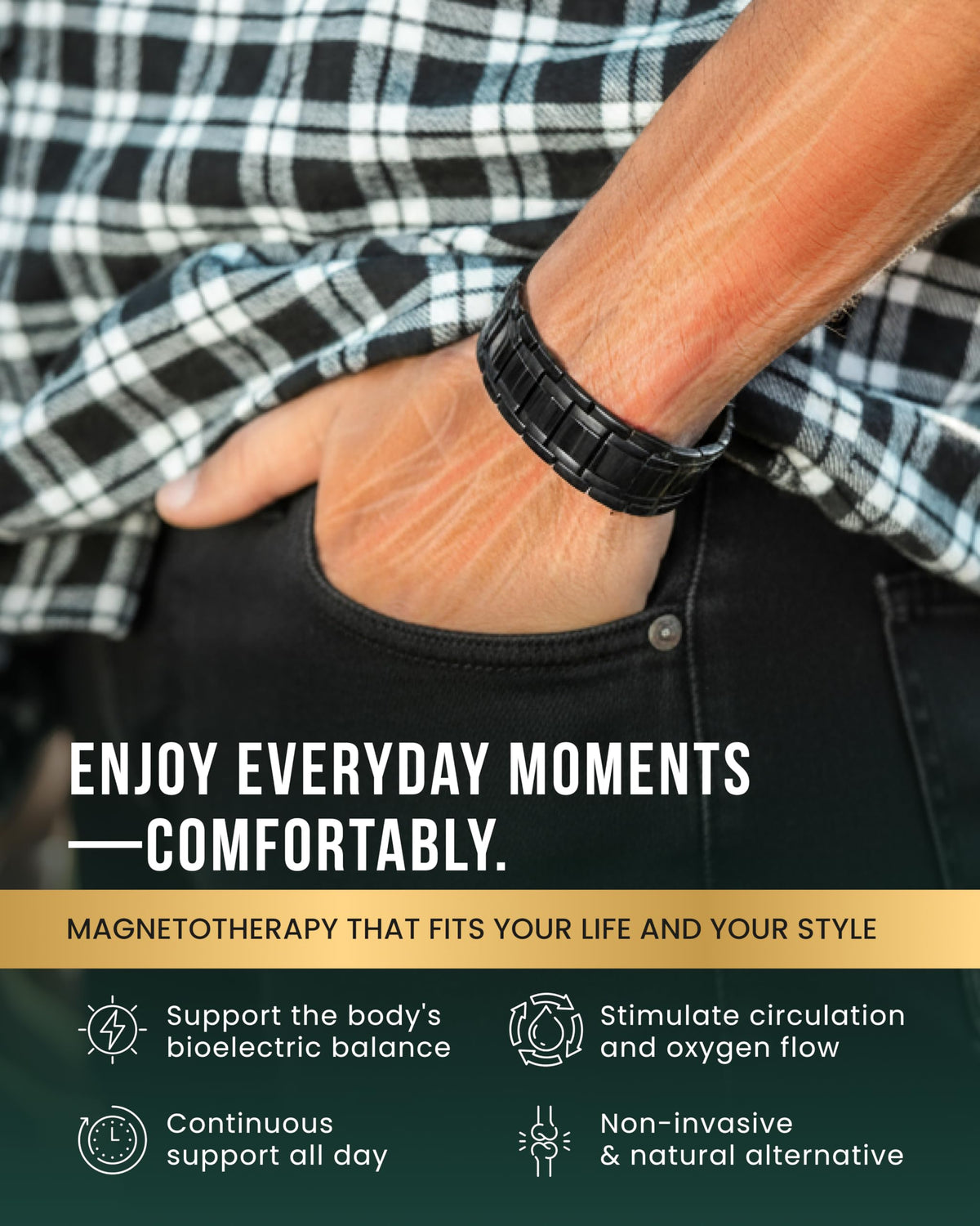 MagnetRX® 3X Strength Titanium Magnetic Bracelets for Men (Black) – close-up detail in Black (3X Strength)