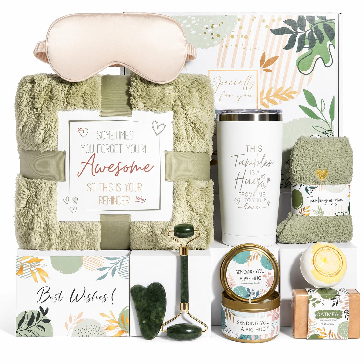 Yonmoren Self Care Gifts for Women,Spa Care Package with Blanket, Tumbler, Gua Sha – Sage Green, Polyester