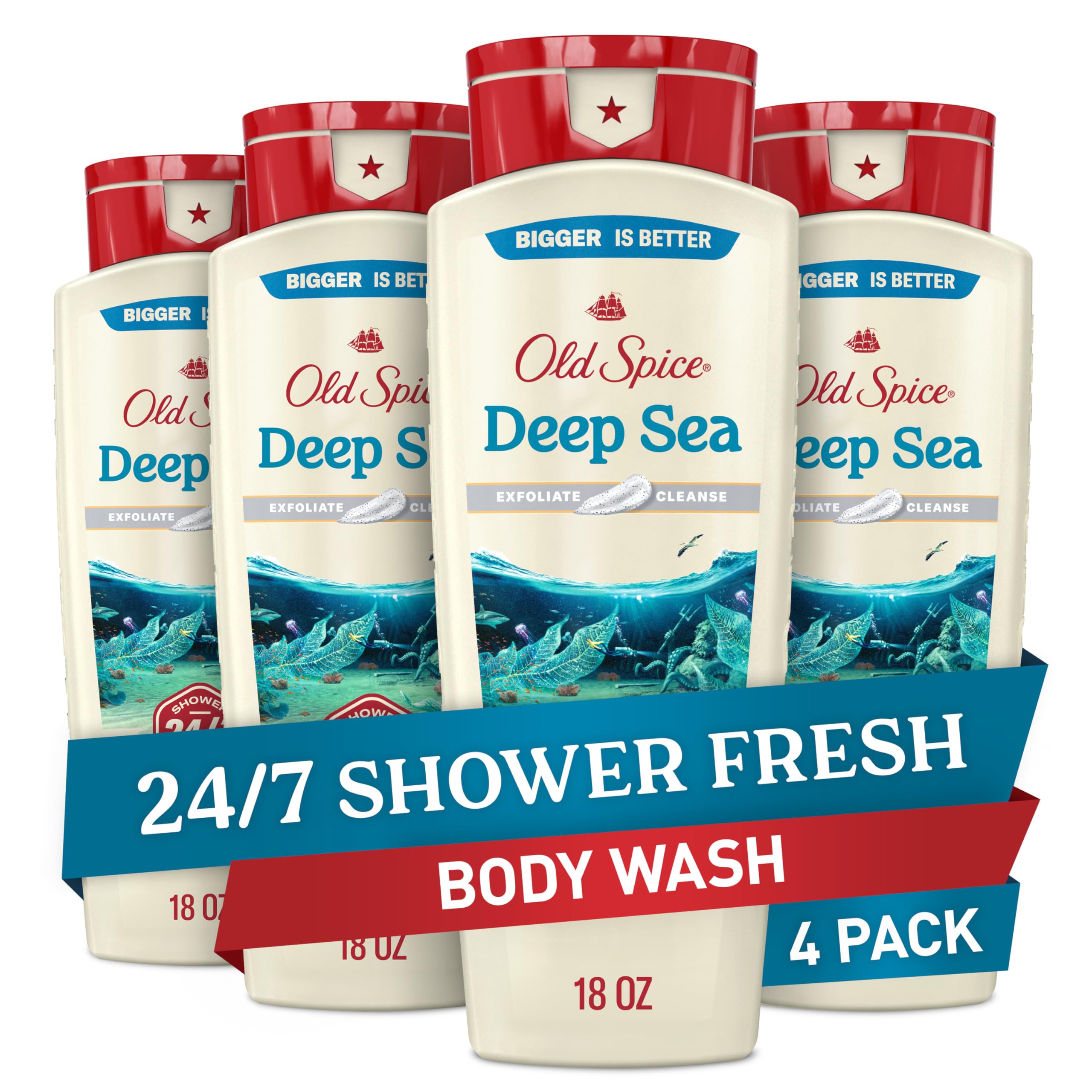 Old Spice 24/7 Shower Fresh body wash for men with ocean waves scent, exfoliates and cleanses skin, 18 oz bottles in a pack of four.