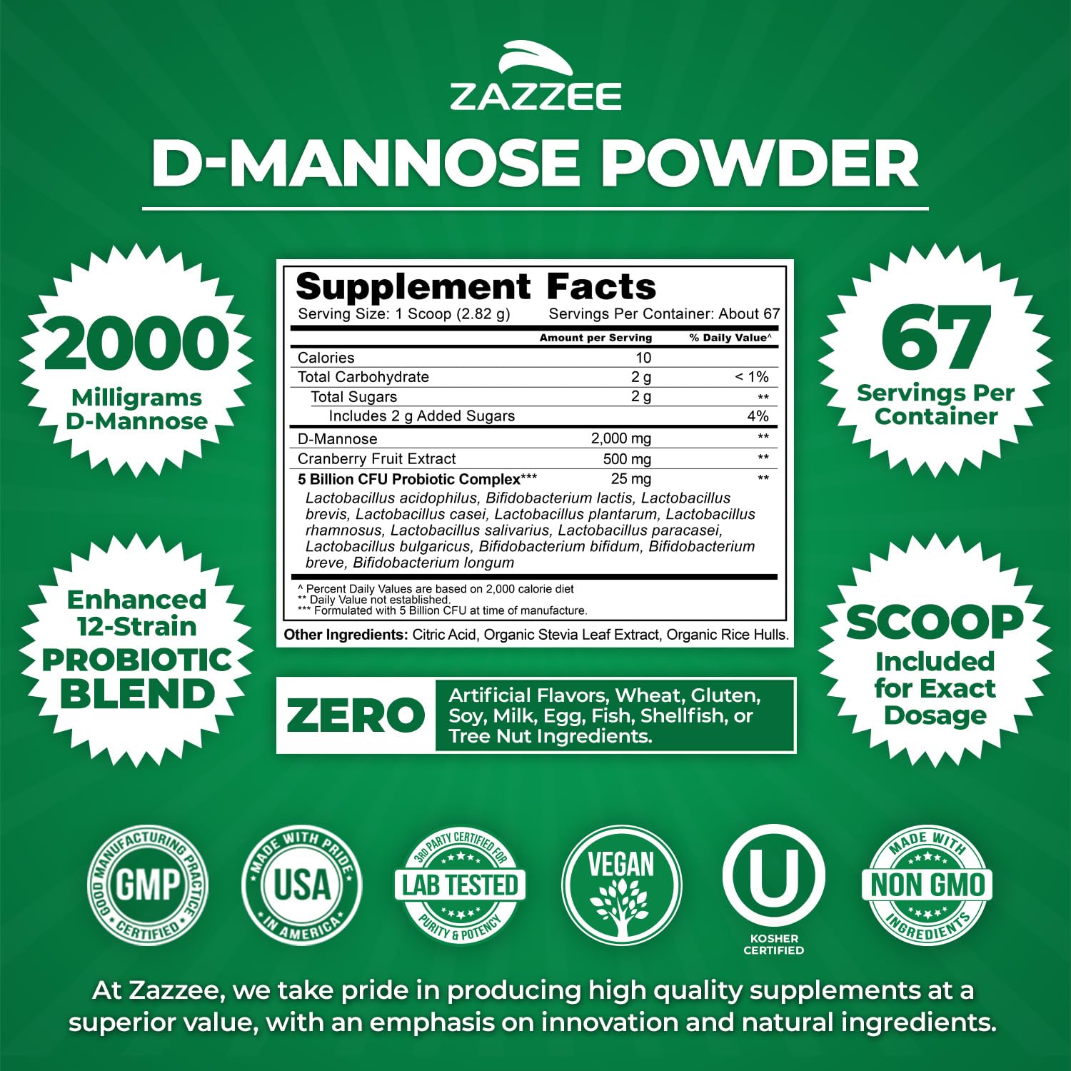 Zazzee D-Mannose Powder Plus, 2000 mg, 67 Servings, Free Scoop, Made in USA