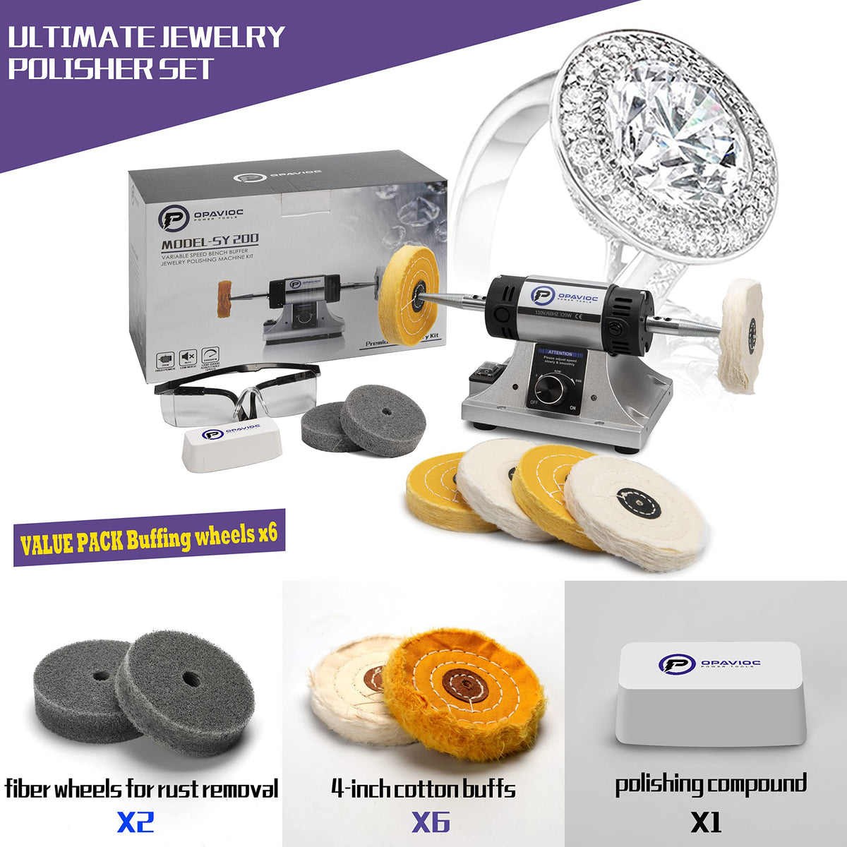 OPAVIOC Jewelry Polisher - Adjustable Variable Speed Bench Grinder Polishing & Buffing Machine, Dental Buffer & Lathe - 