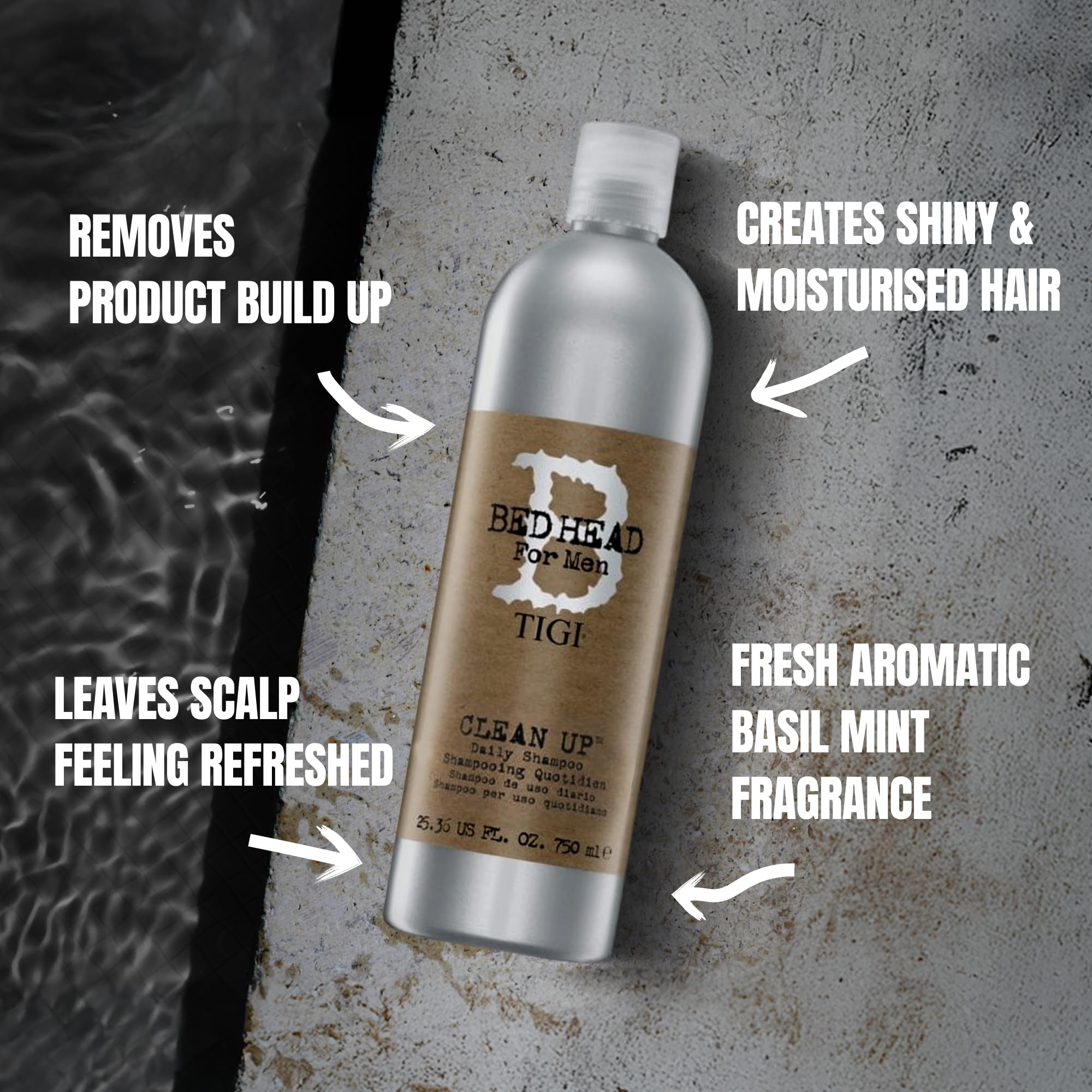Bed Head by TIGI Men Clean Up Daily Shampoo bottle, 25.36 fl oz, for cleansing and refreshing men's hair.