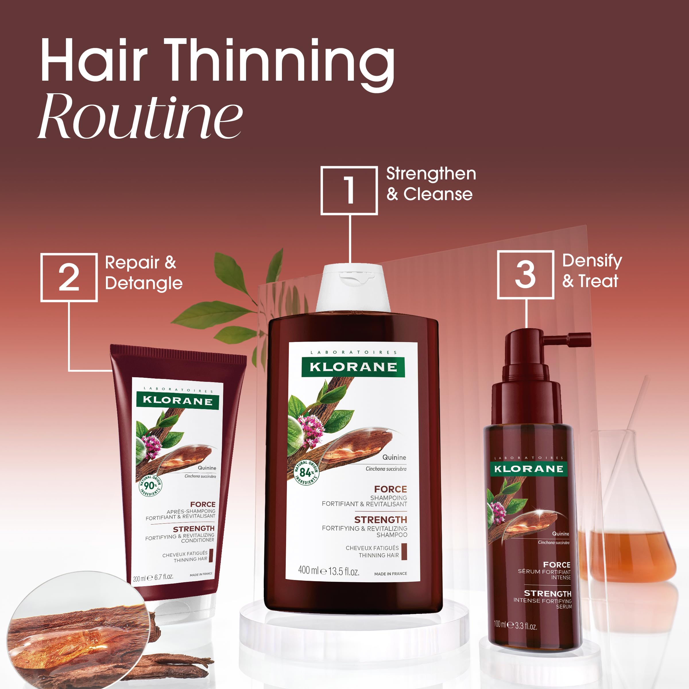 Klorane Quinine Thickening Shampoo for hair loss, 13.5 oz, in a clear bottle with a white label and green accents.