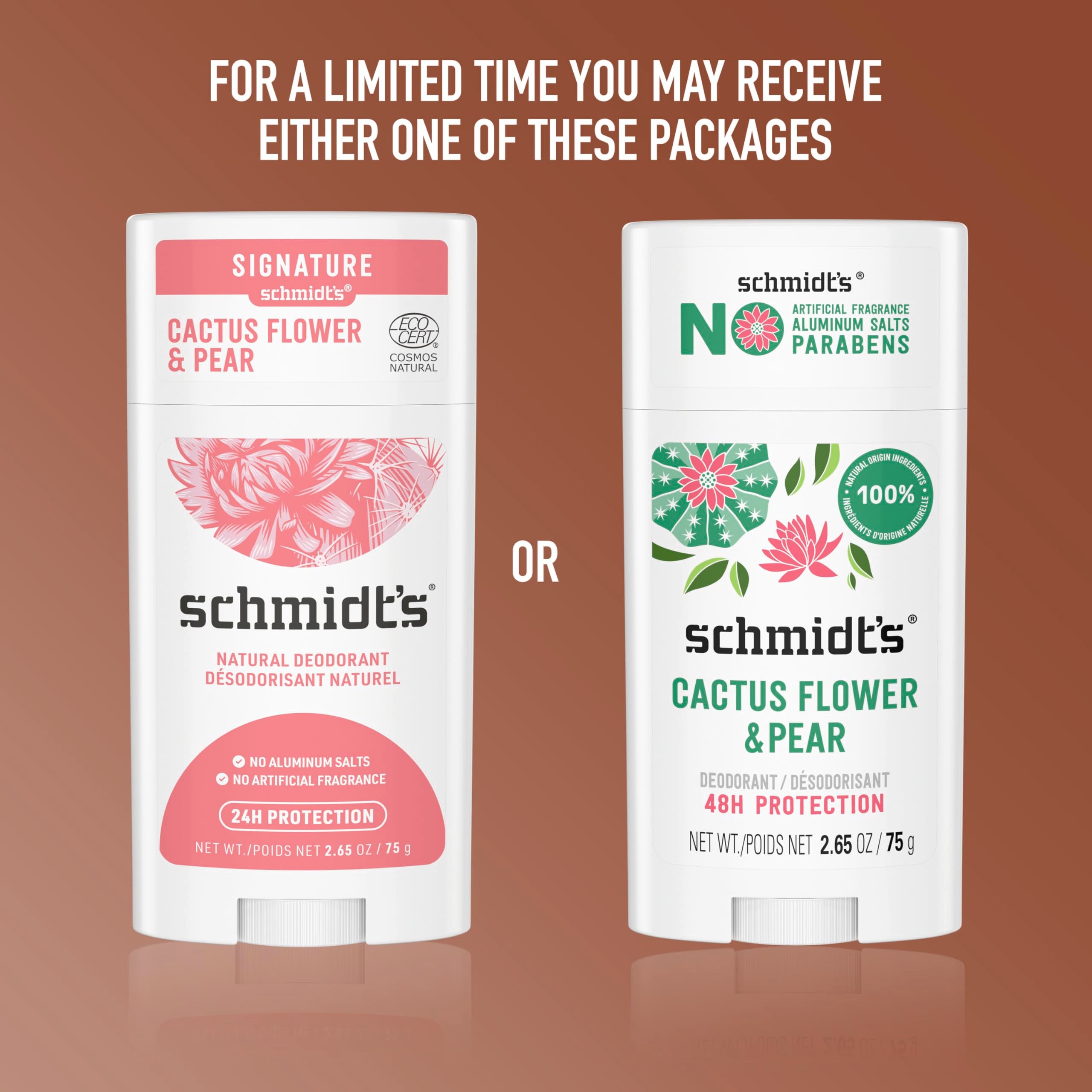 Schmidt's vegan aluminum-free cactus flower and pear deodorant sticks, 2.65 oz each, displayed in a set of two.