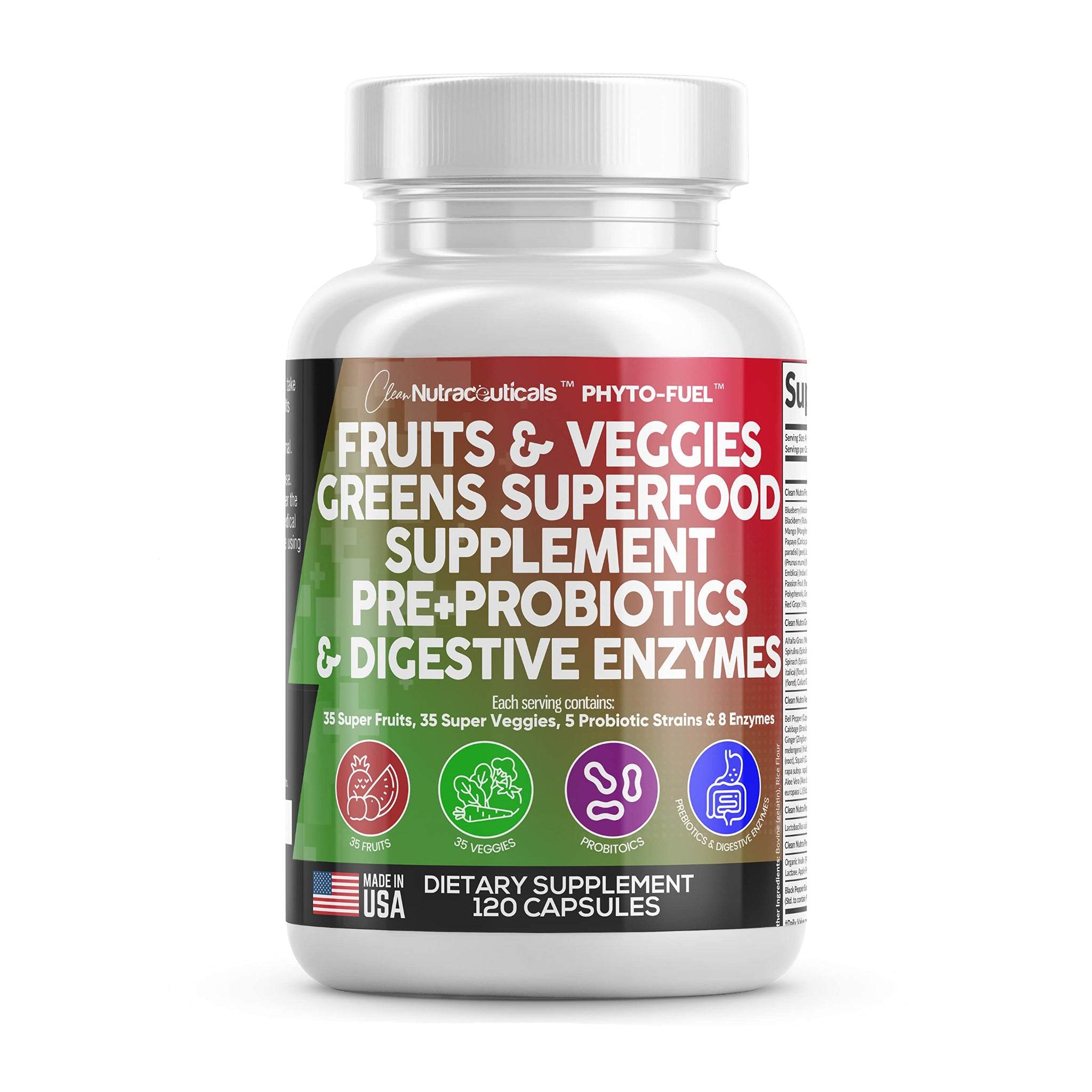 Clean Nutraceuticals Fruits & Veggies Superfood nutritional supplement in a 120-count bottle with colorful fruit and vegetable graphics.