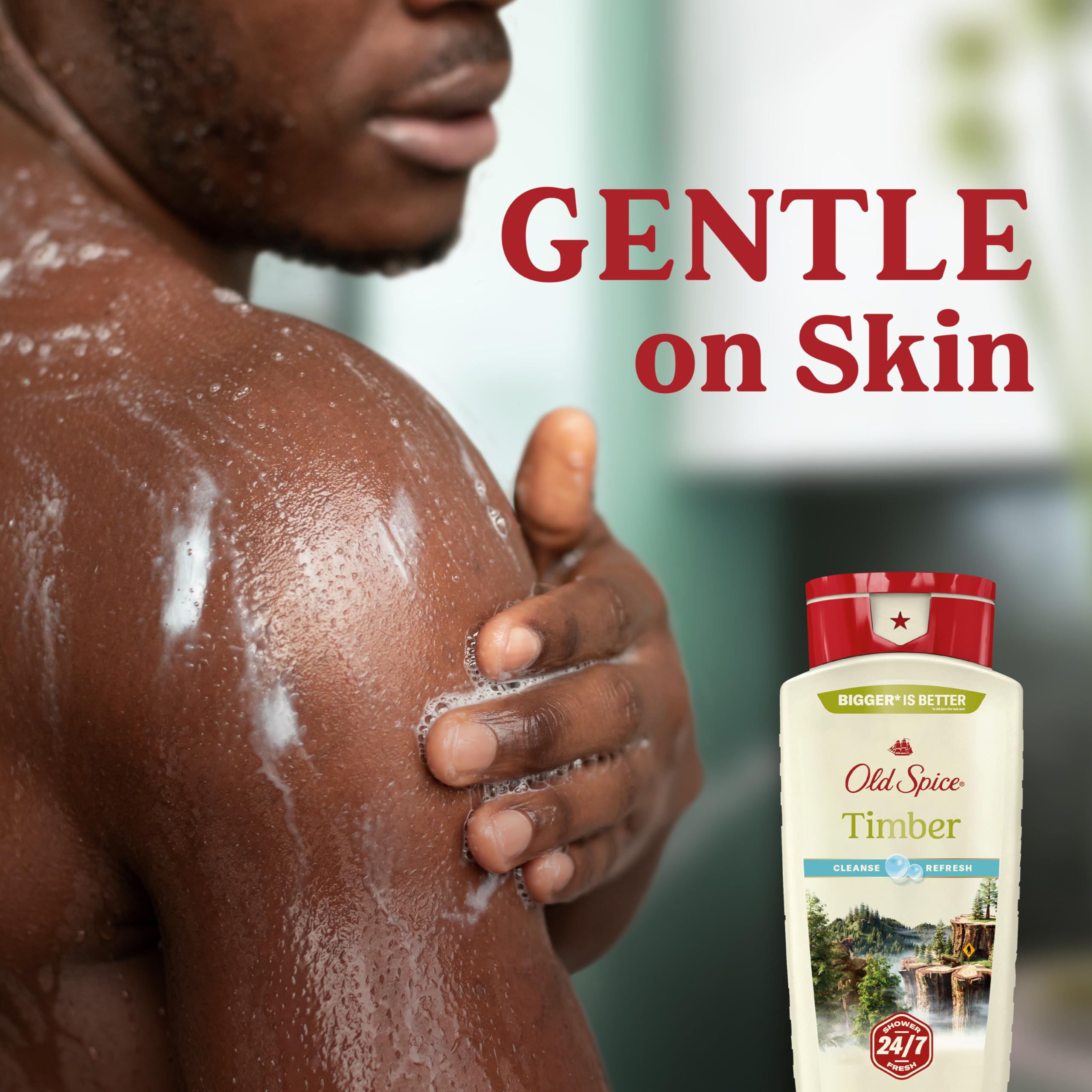 Old Spice Timber Sandalwood body wash bottles, 18 oz each, in a pack of four, for skin cleansing and refreshing.