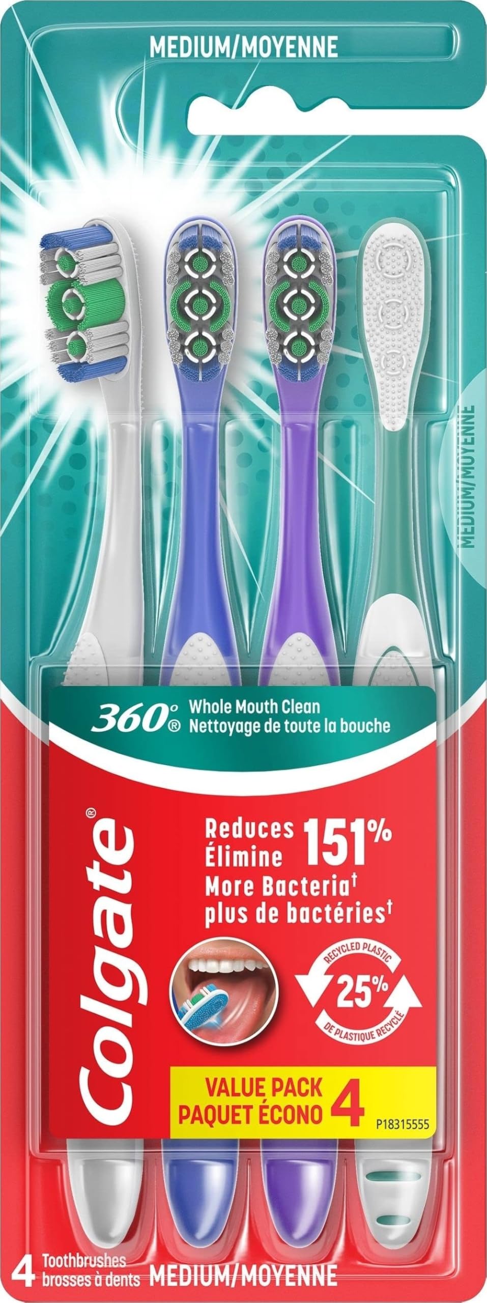Colgate 360 Adult Toothbrush, Medium (4 Count) - Product Imagery