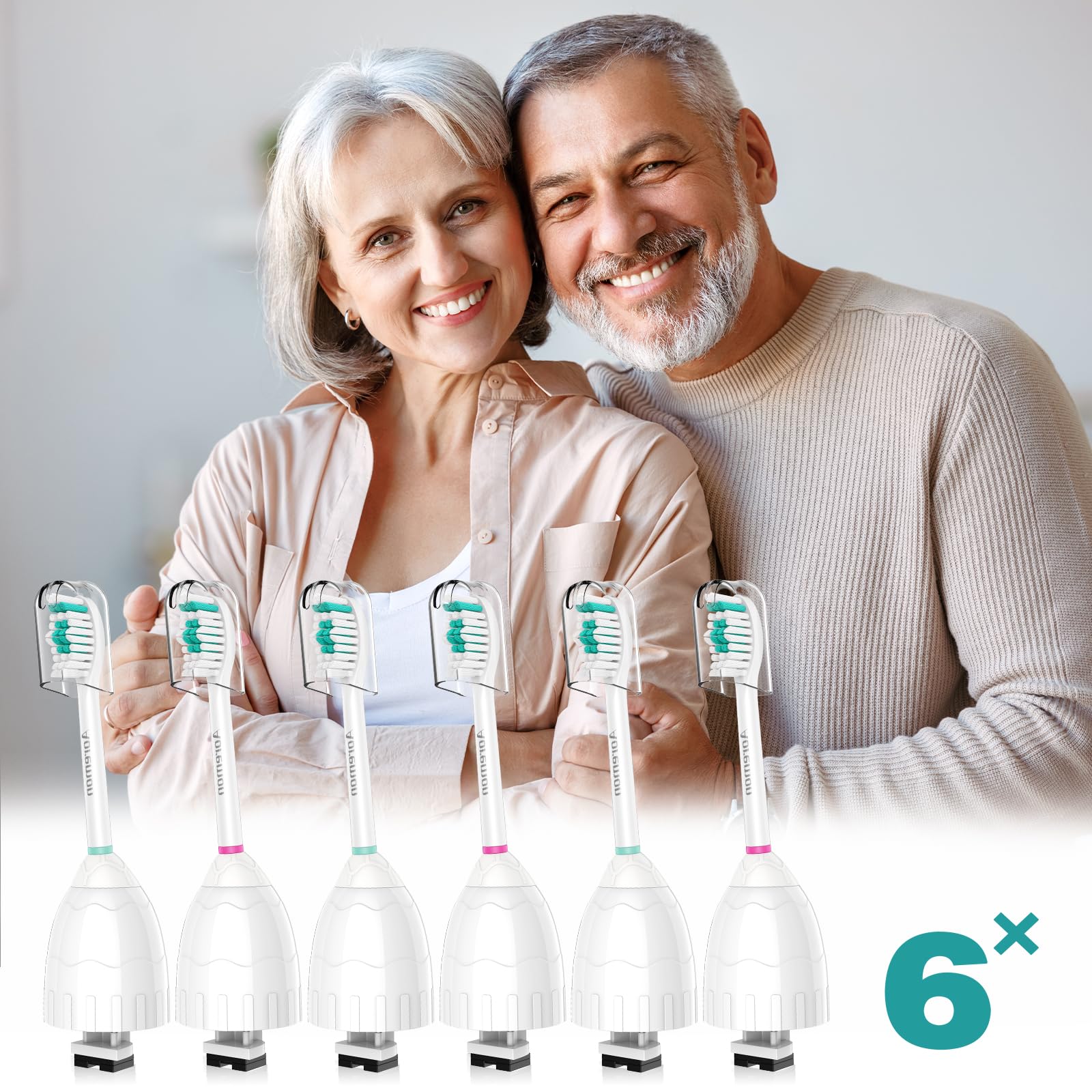 Aoremon 6-pack replacement toothbrush heads for Philips Sonicare E-Series electric toothbrush, showing clean bristle design.