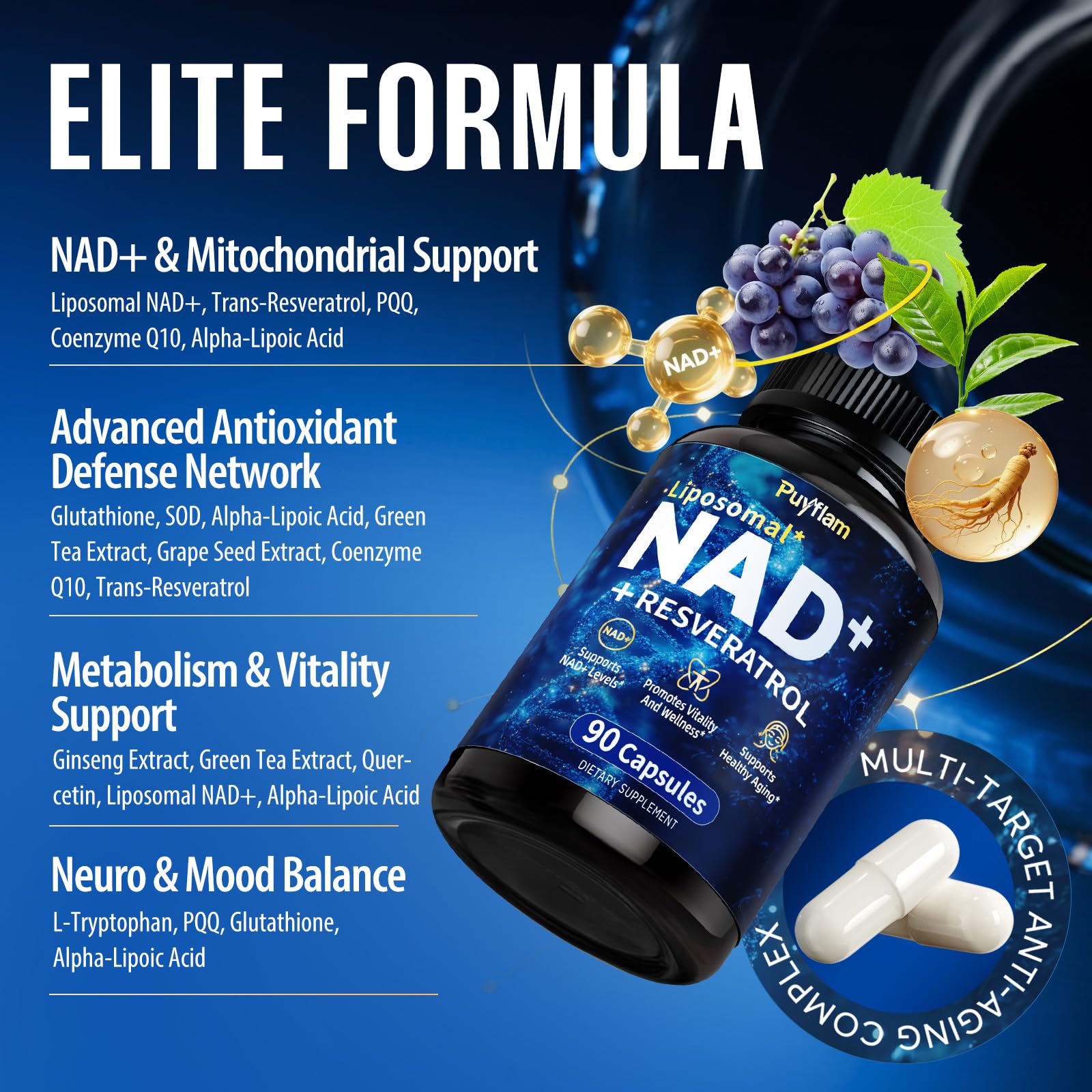 Puyflam 12-in-1 Liposomal NAD+ Supplement, 90 Caps