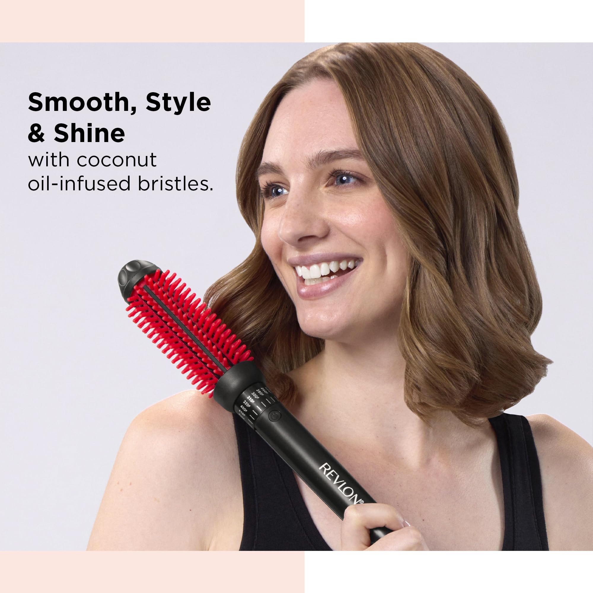 REVLON SmoothStay Coconut Oil 1-inch heated styling brush for smooth, shiny hair, featuring a ceramic heating plate.