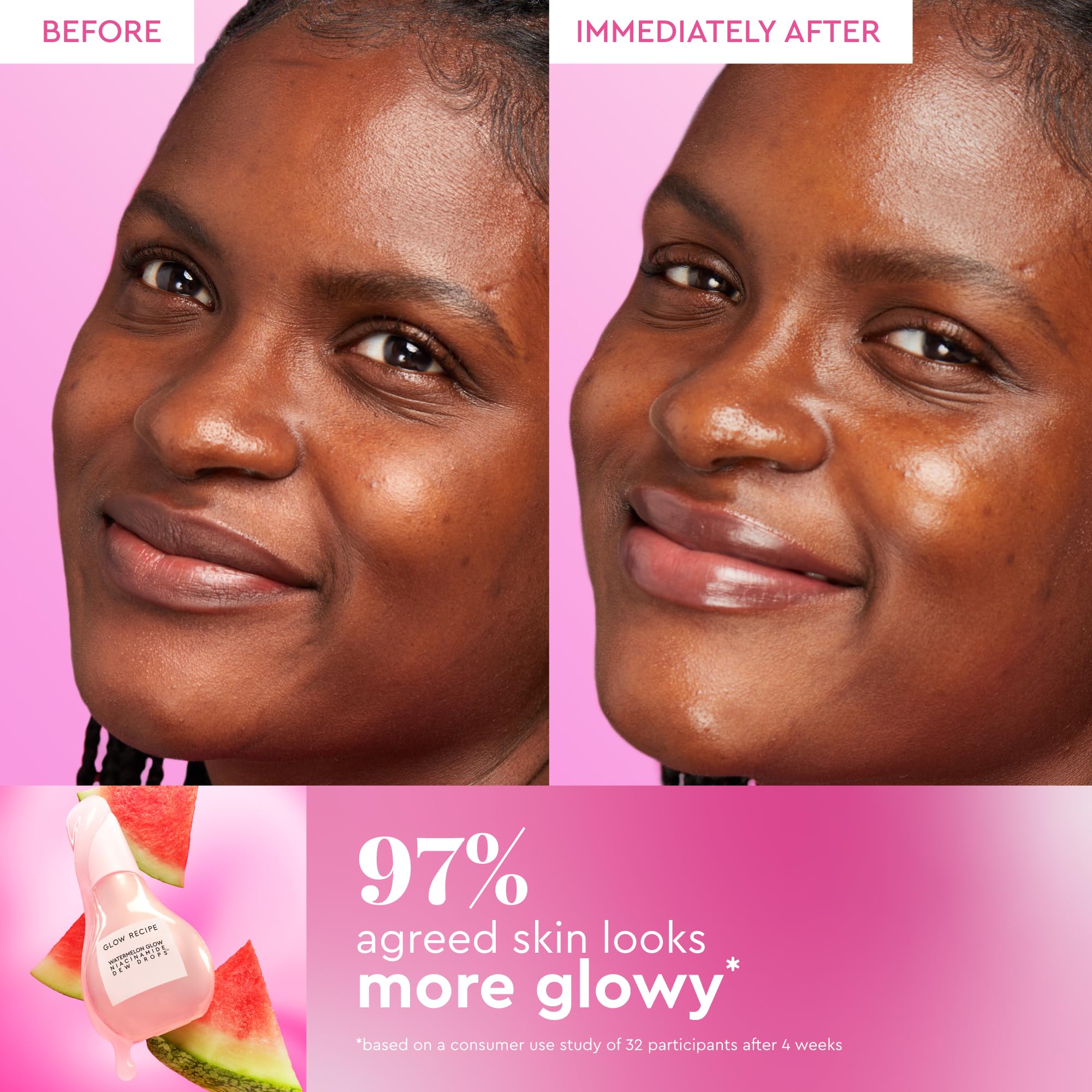 Glow Recipe Watermelon Niacinamide Dew Drops skin serum in a clear 80ml bottle with a pink and green label.