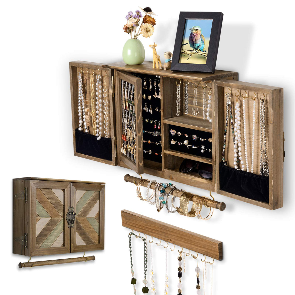 ikkle Wall Mounted Jewelry Organizer, Rustic Brown Wooden Jewelry Storage Cabinet – Brown, Wood
