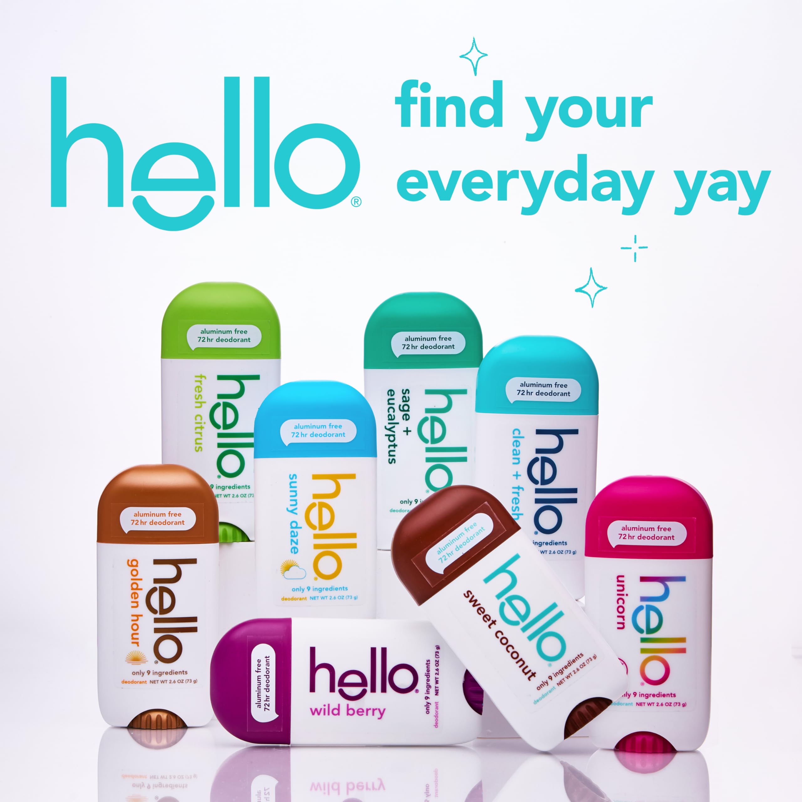Hello aluminum-free deodorant variety 3-pack with 2.6 oz sticks, featuring natural scents in sleek packaging