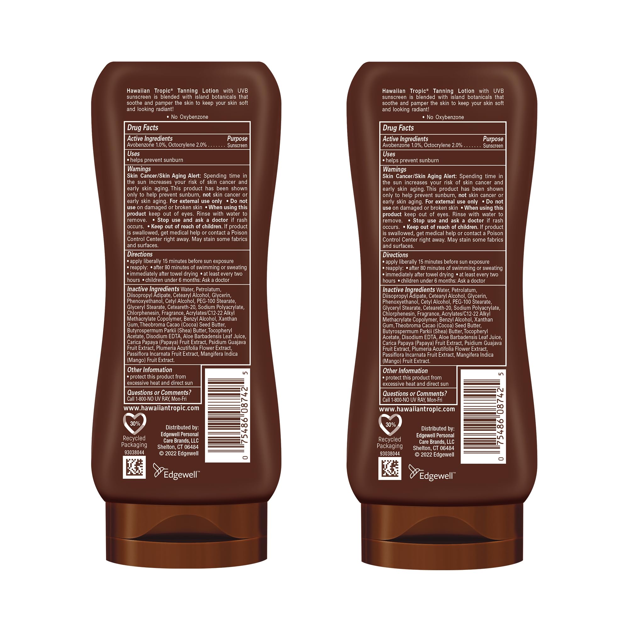 Hawaiian Tropic Island Tanning Lotion SPF 4, self-tanner, 8 oz bottles, two-pack, with tropical packaging and sun protection elements