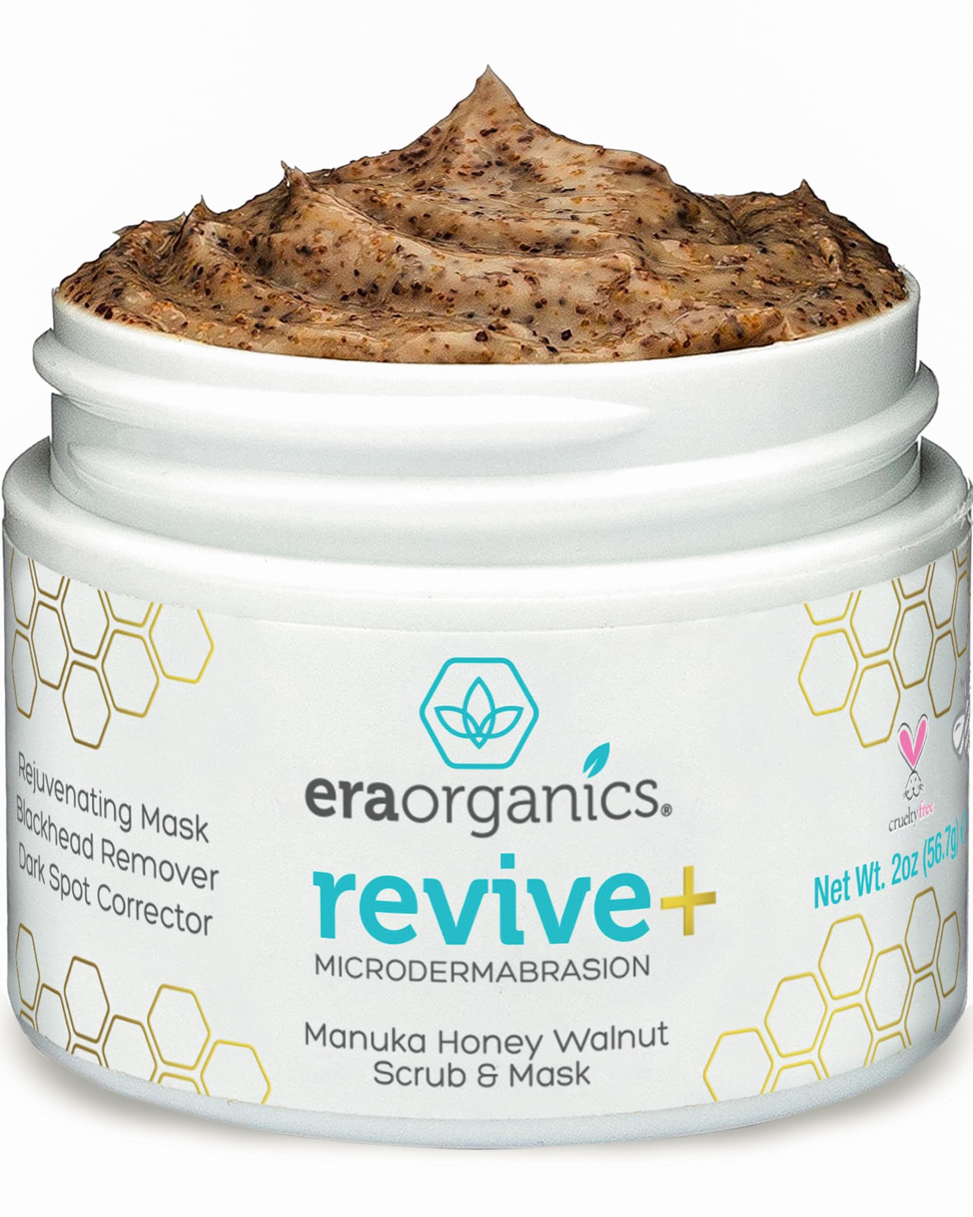 Era Organics Manuka Honey exfoliating facial scrub with microdermabrasion texture for smooth, refreshed skin.