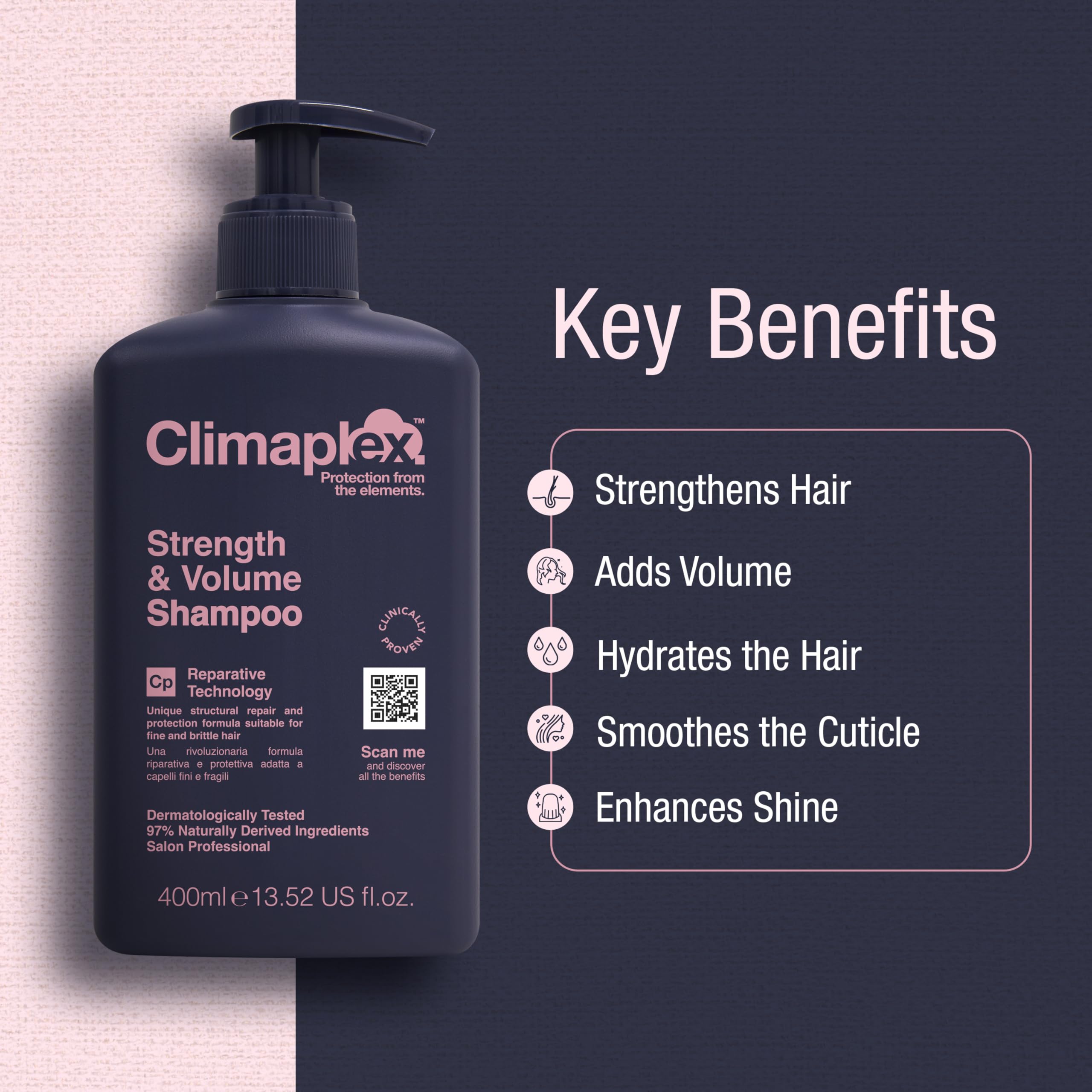 Climaplex Strength & Volume Shampoo and Conditioner set with 81ml bottles, designed to clean, strengthen, and add volume to hair.