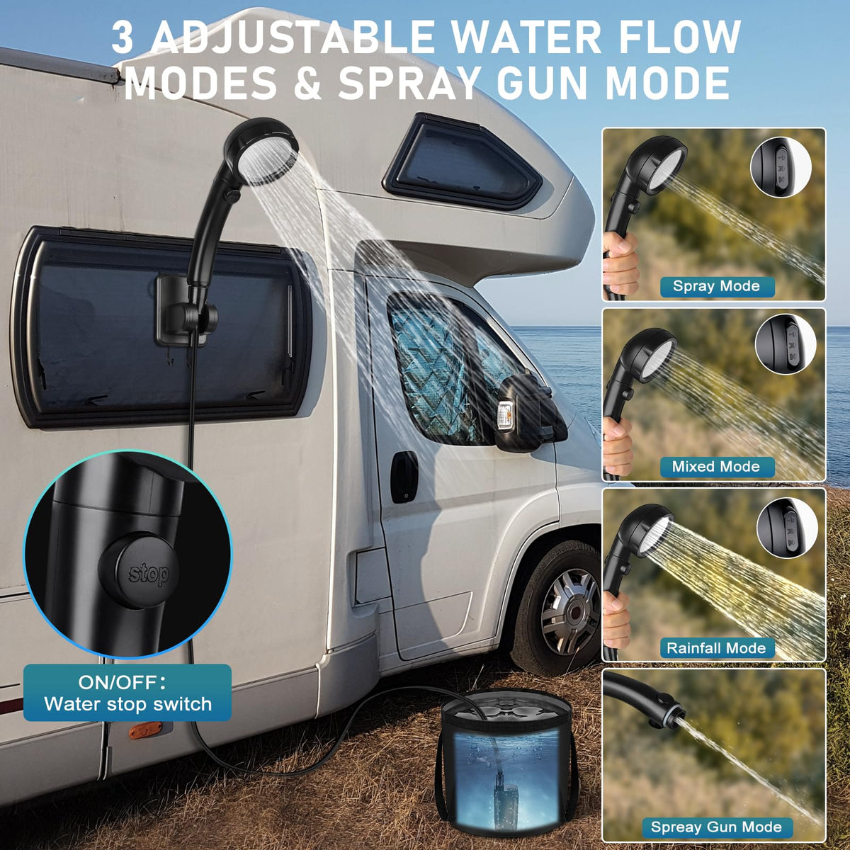 Spopal Rechargeable Camping Shower with Collapsible Bucket Handle 20L – full view