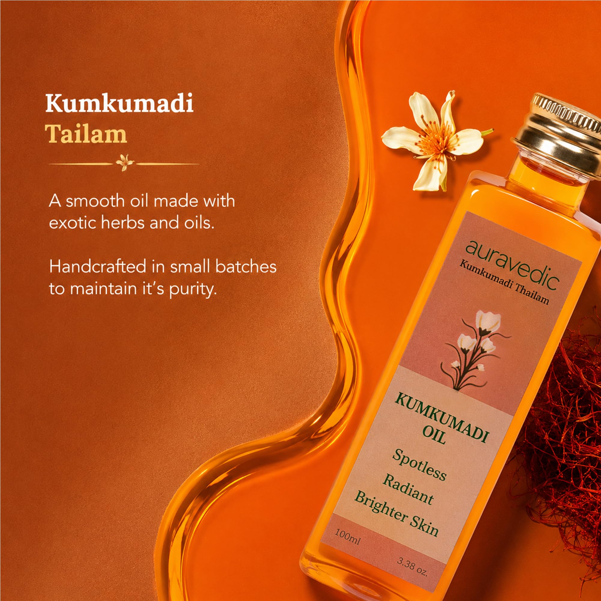Auravedic Kumkumadi Oil Pure Saffron for Ultra Radiant Skin | Ayurvedic Oil for Dull, Dehydrated & Tired Skin | Lightweight Hydrating Formula for Smooth Texture | 3.38 Fl Oz (100ml)
