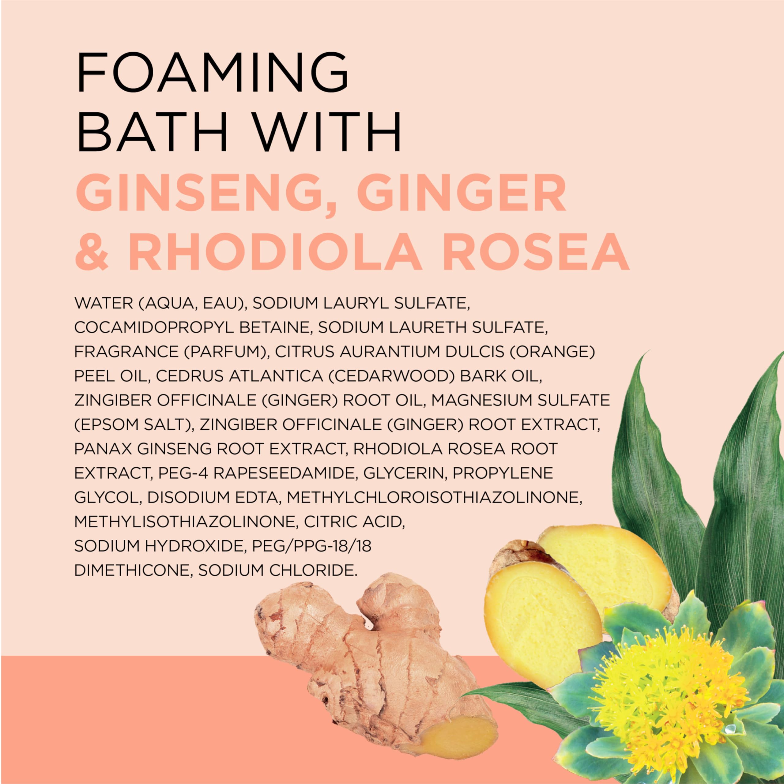 Dr Teal's foaming bath with pure Epsom salt, ginseng, and ginger in a 34 fl oz bottle, shown in a pack of four.