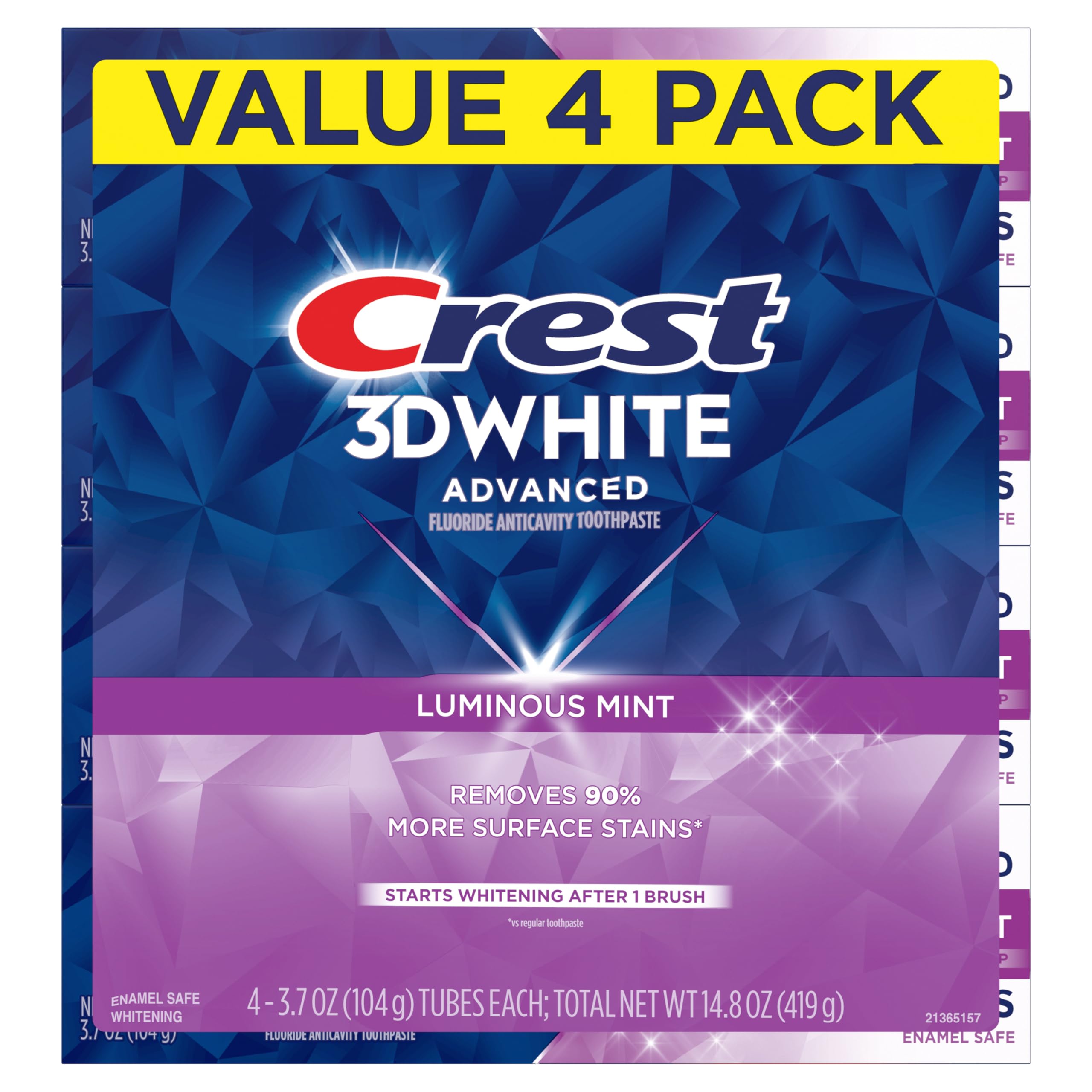 Crest 3D White Advanced, Teeth Whitening Toothpaste for Adults, 3.7 oz, 4 Pack, Cavity Protection Fluoride Toothpaste, Strengthens Enamel, Travel Size Toiletries