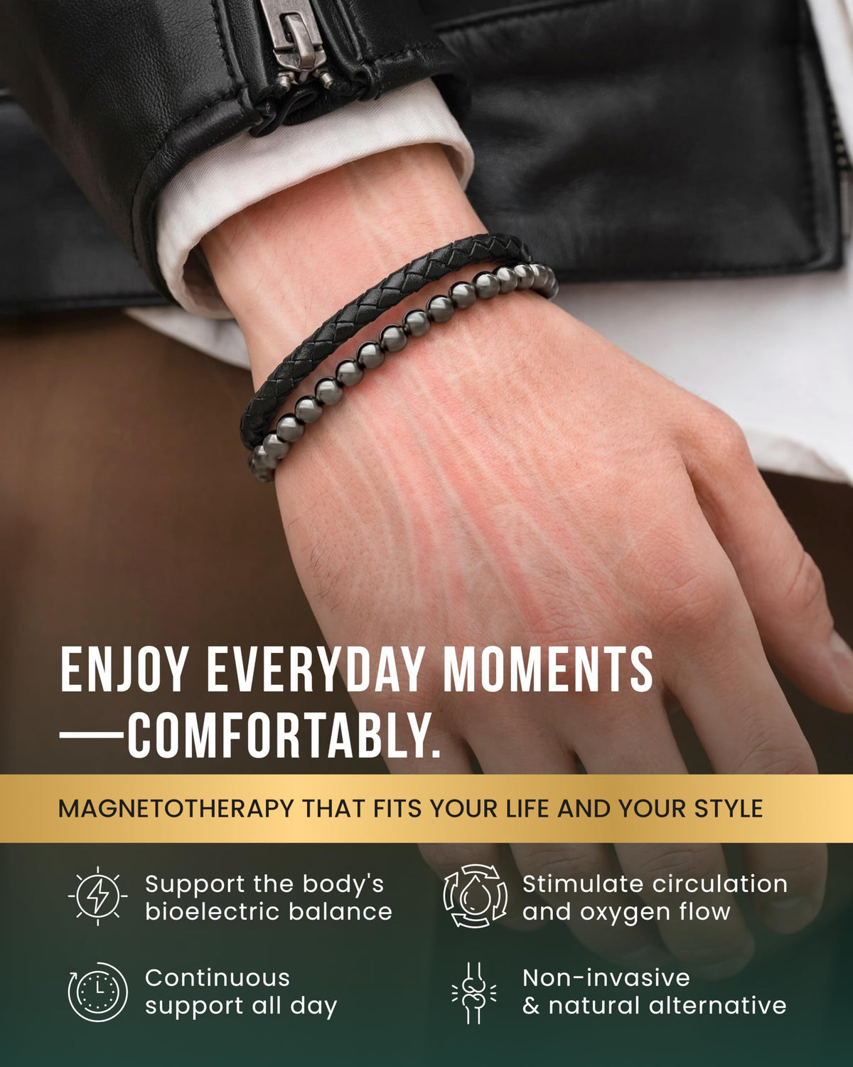 MagnetRX® Hematite Beaded Magnetic Bracelets (Large) – close-up detail in Leather Black