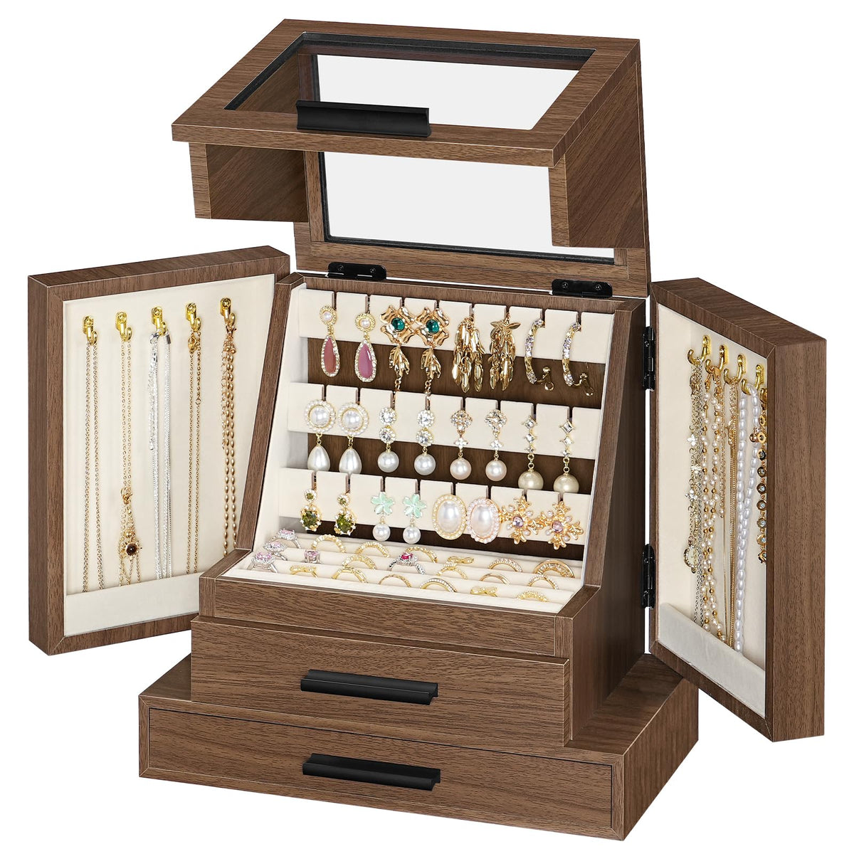 HOOBRO Jewelry Box for Women, Wooden Jewelry Organizer with Drawers, Walnut – Walnut + Black, Acrylic, Engineered Wood, 