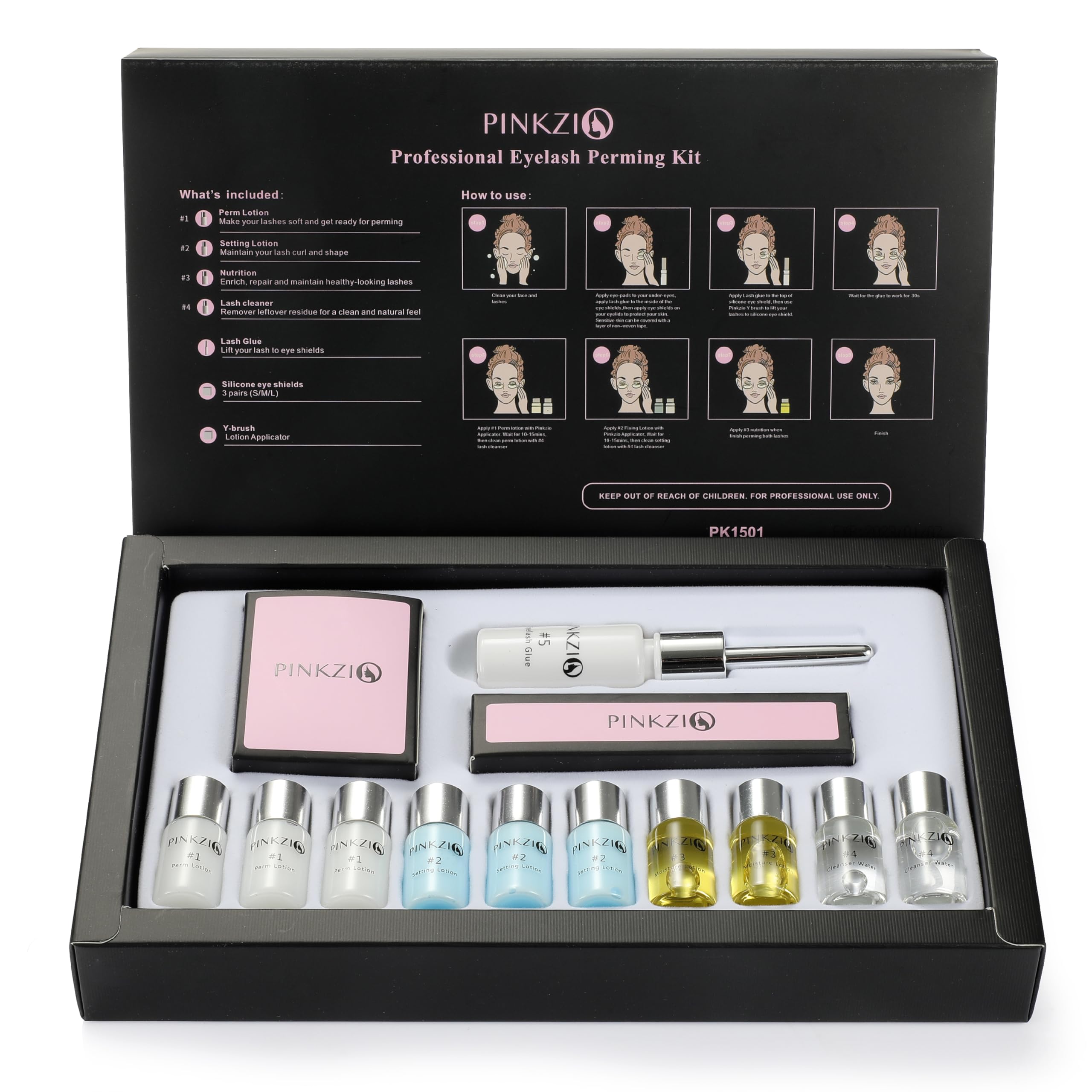 PINKZIO eyelash curler and lift kit with glue, featuring tools for semi-permanent lash lifting, suitable for DIY or salon use.
