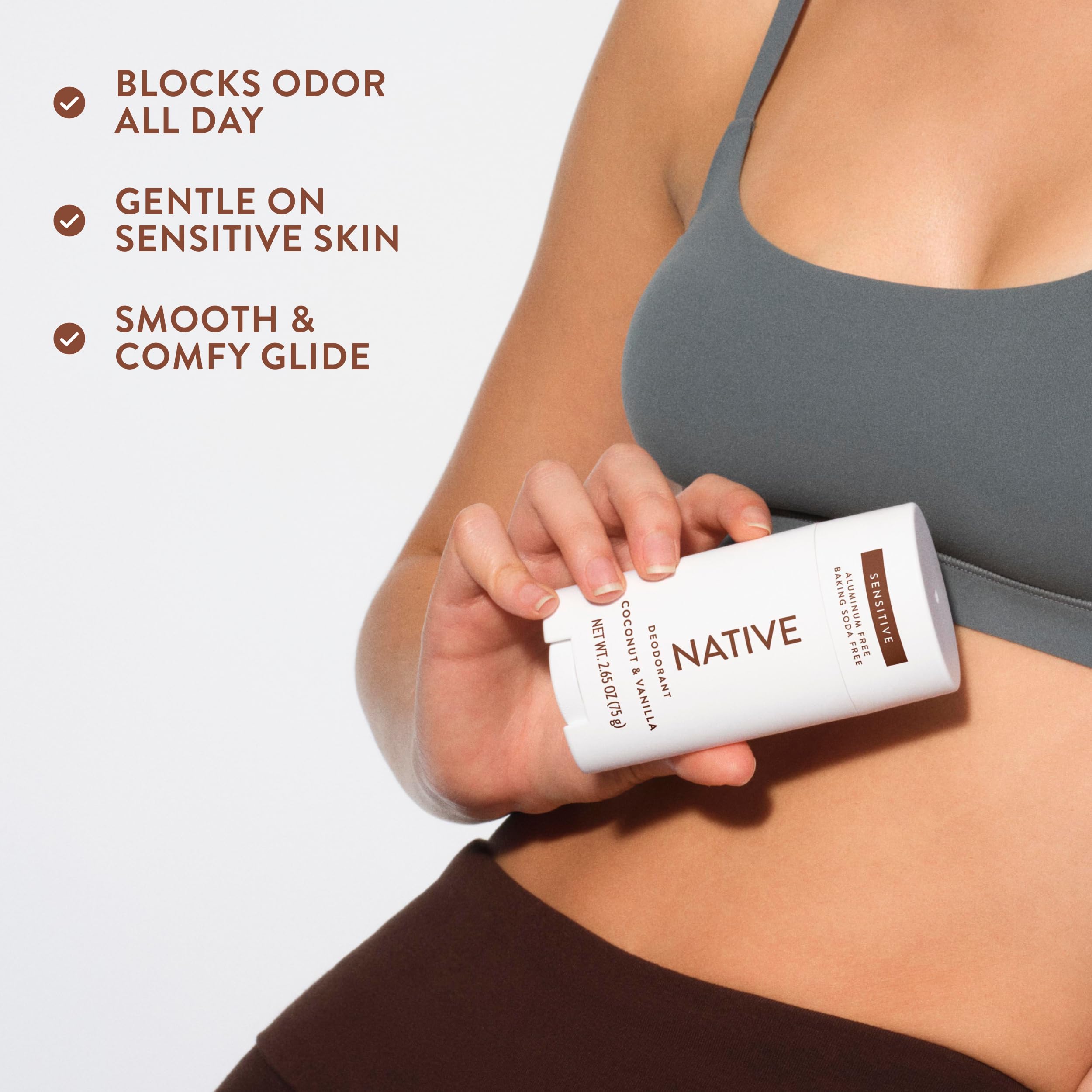 Native Sensitive deodorant for women and men with coconut, vanilla, baking soda, and shea butter for 72-hour odor control.