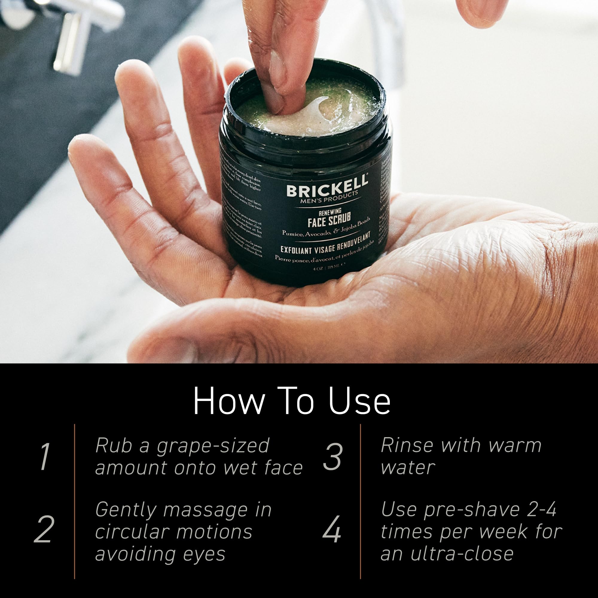 Brickell Men's Renewing Face Scrub with pumice, caffeine, jojoba beads for deep exfoliation, 4-ounce scented facial skin exfoliant.
