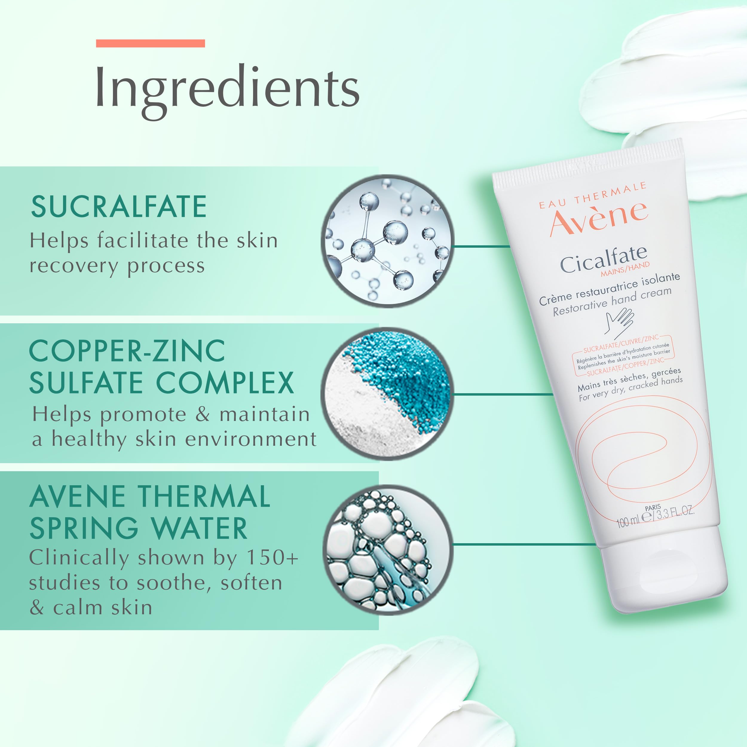 Eau Thermale Avène Cicalfate Restorative Hand Cream in 3.3 oz tube, moisturizing dry cracked skin.