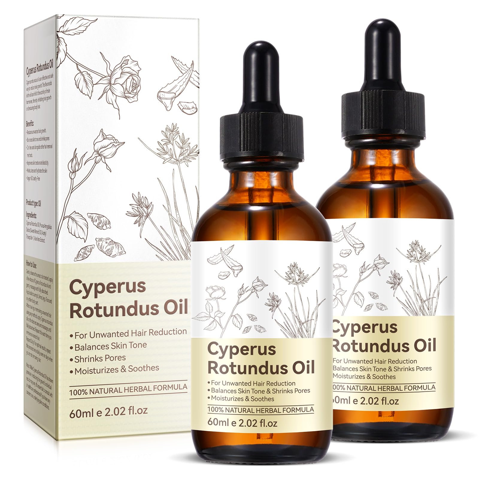 Cyperus Rotundus Oil 2 Pack, Cyprus Oil for Hair Removal, Natural Soothing and Gentle, Reducing Body Hair Growth, Smooth Skin & Hair Removal, 2.02 Fl Oz