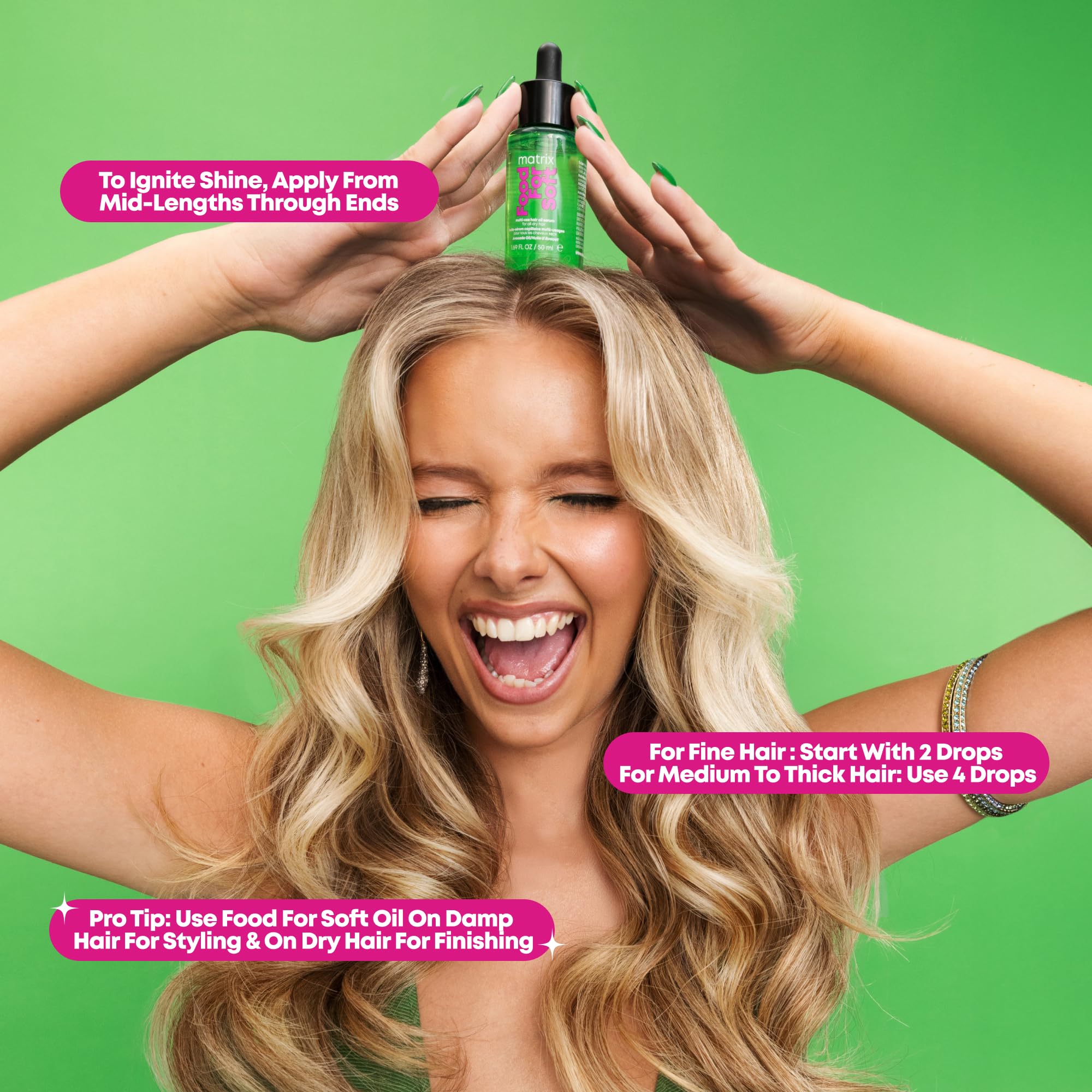 Matrix Food For Soft Hair Serum Oil for dry hair, 3 fl oz, in a clear bottle with a pump dispenser, showing the product label.