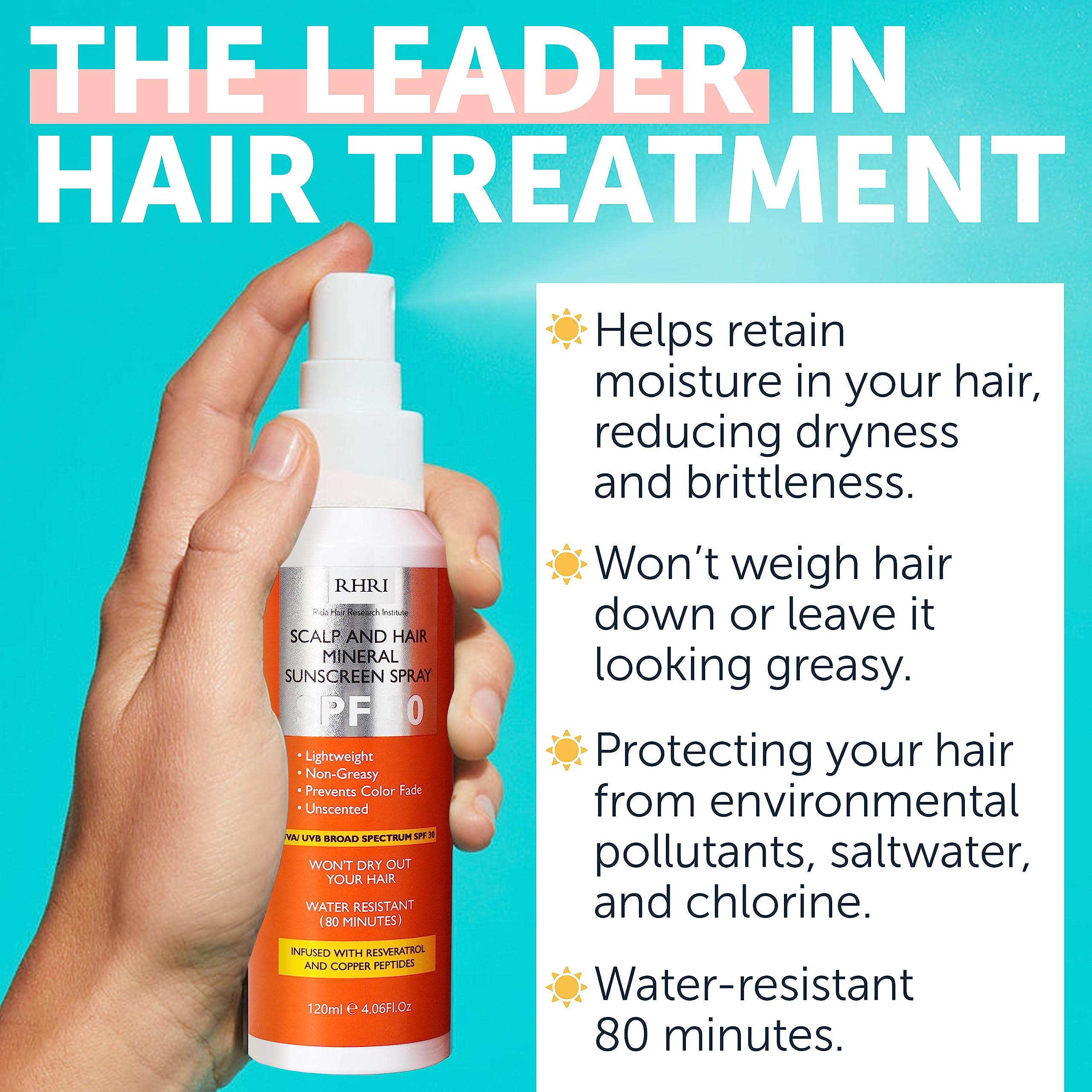 Rida Hair Research Institute SPF 30 hair sunscreen spray bottle with UV protection for scalp and hair, displayed against a neutral background.