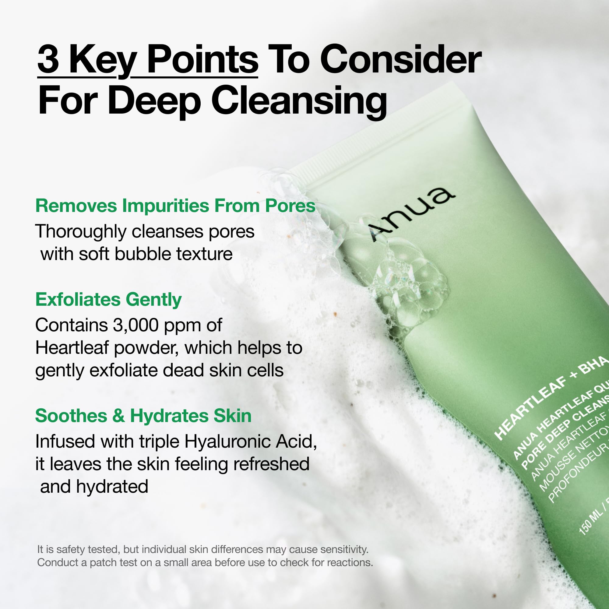 ANUA Heartleaf Quercetinol Pore Deep Cleansing Foam in a 5.07 fl oz bottle, showing the foaming cleanser for deep pore cleansing.