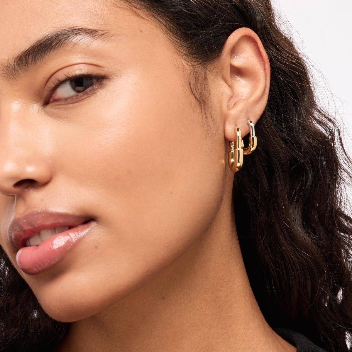 Ana Luisa Rectangle Link Hoop Earrings - 14K Gold & Silver Rhodium Plating – close-up detail