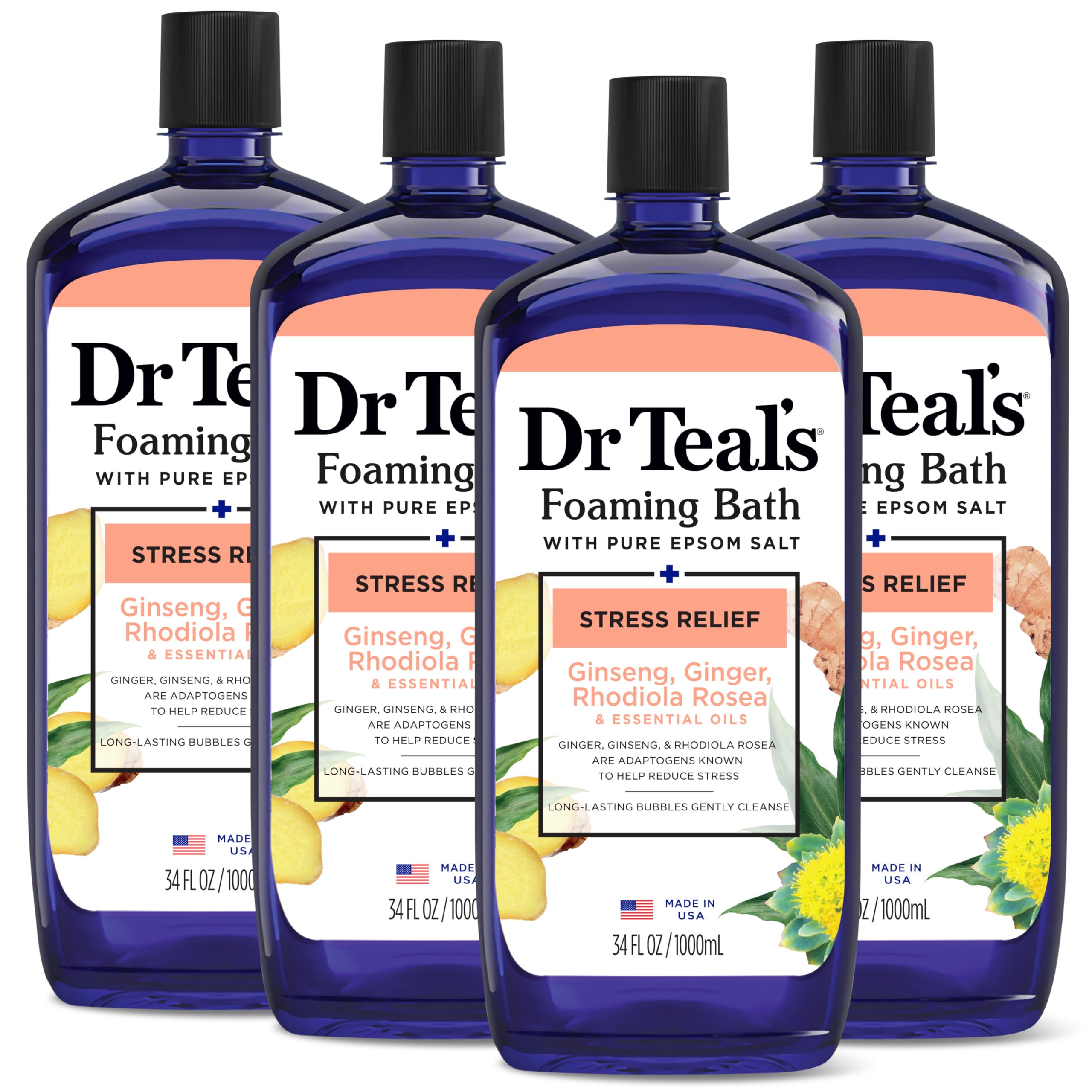 Dr Teal's foaming bath with Epsom salt, ginseng, and ginger, 34 fl oz bottle, relaxing bathwater additive in a pack of four.