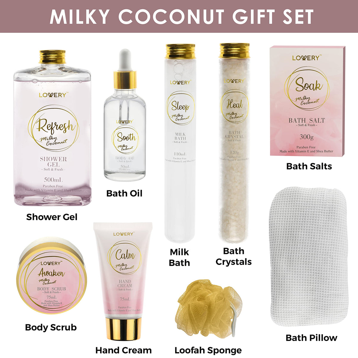 LOVERY Luxury Bath Gift Set - Home Spa Gift Basket with Milky Coconut Scent, Vitamin E & Shea Butter with Shower Gel, Ba
