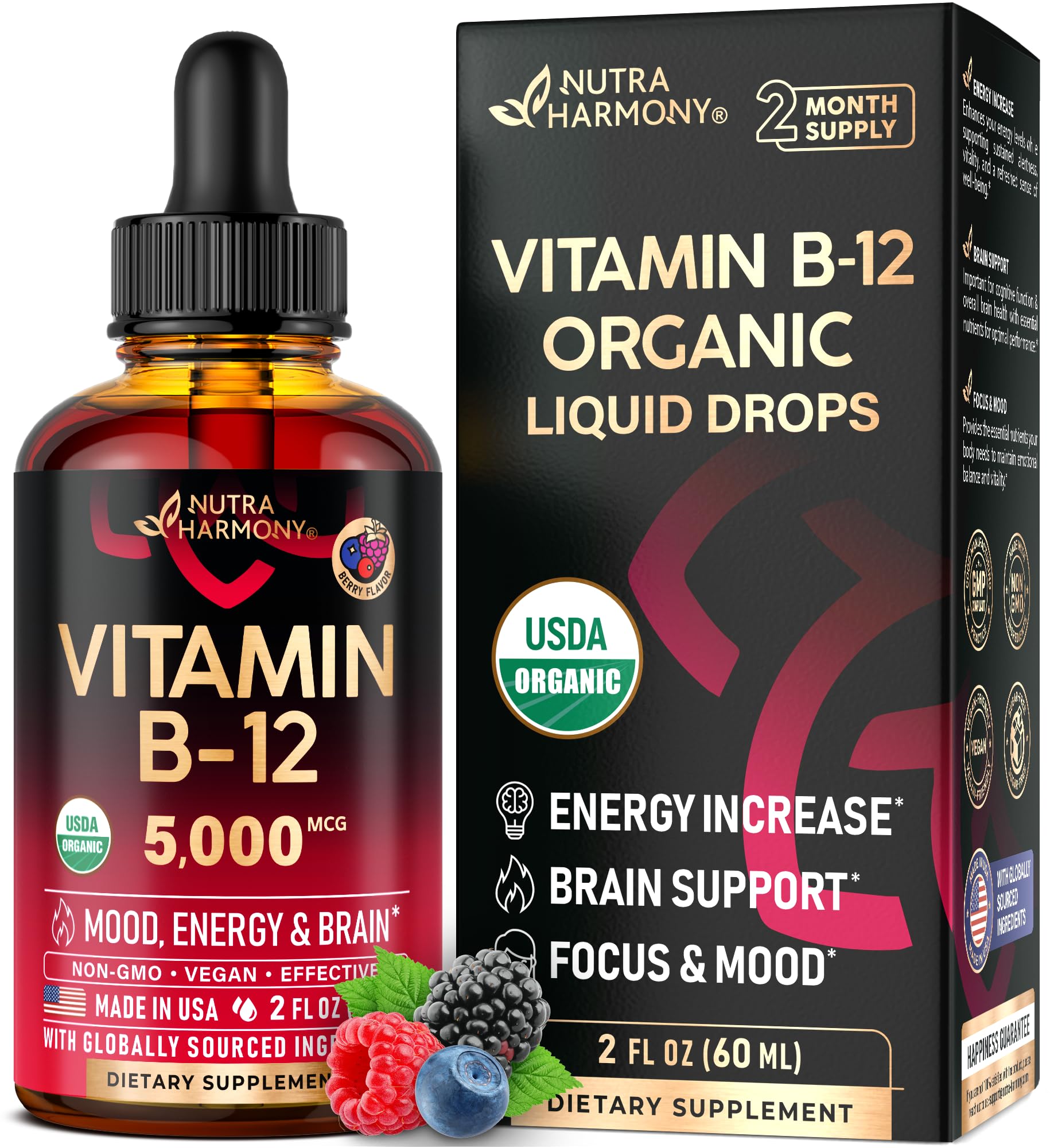 USDA Organic Vitamin B12 Sublingual Drops - Methylcobalamin 5000 - Product Imagery
