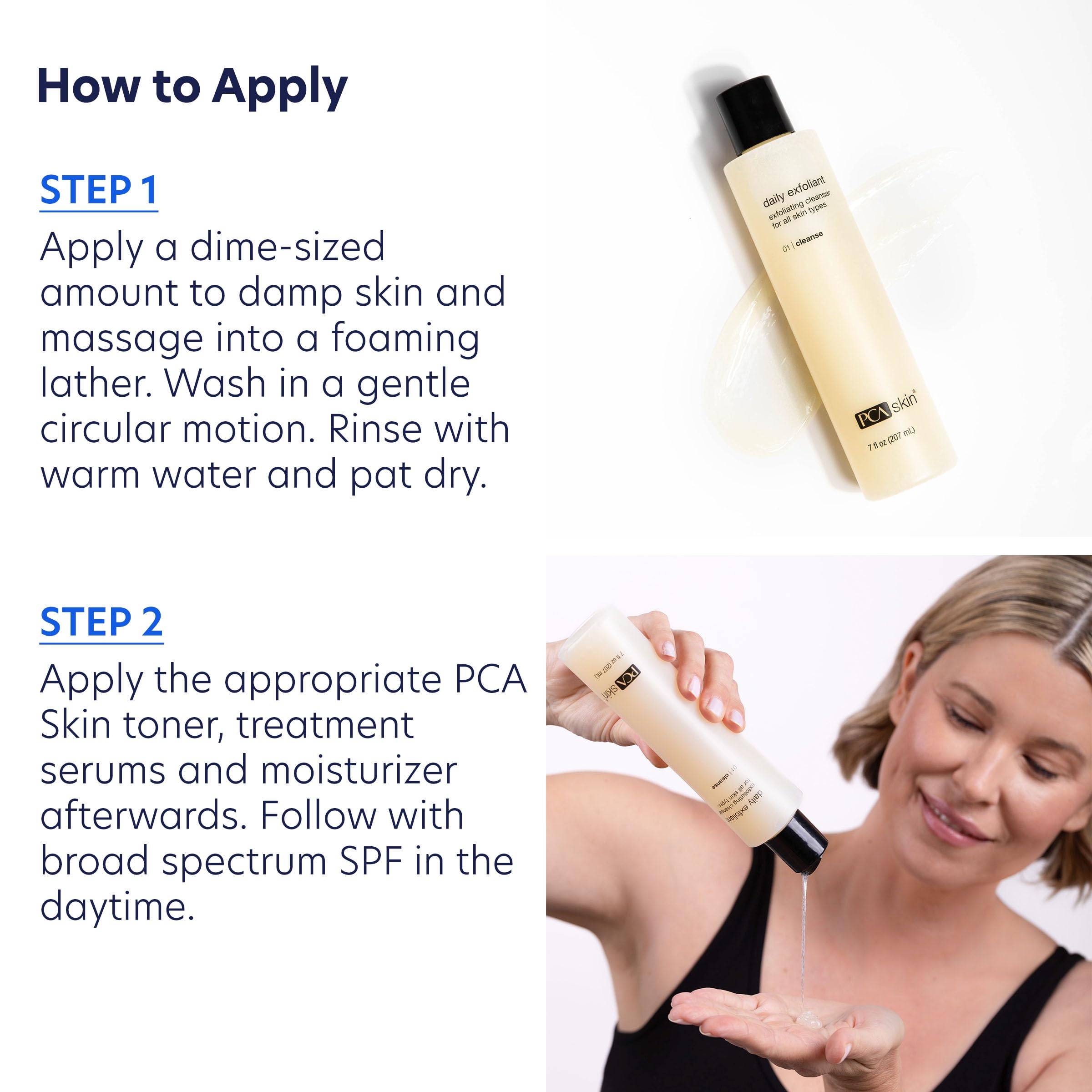 PCA SKIN Daily Face Exfoliant Cleanser in 7 oz bottle, showing smooth, clear facial cleanser with exfoliating properties.