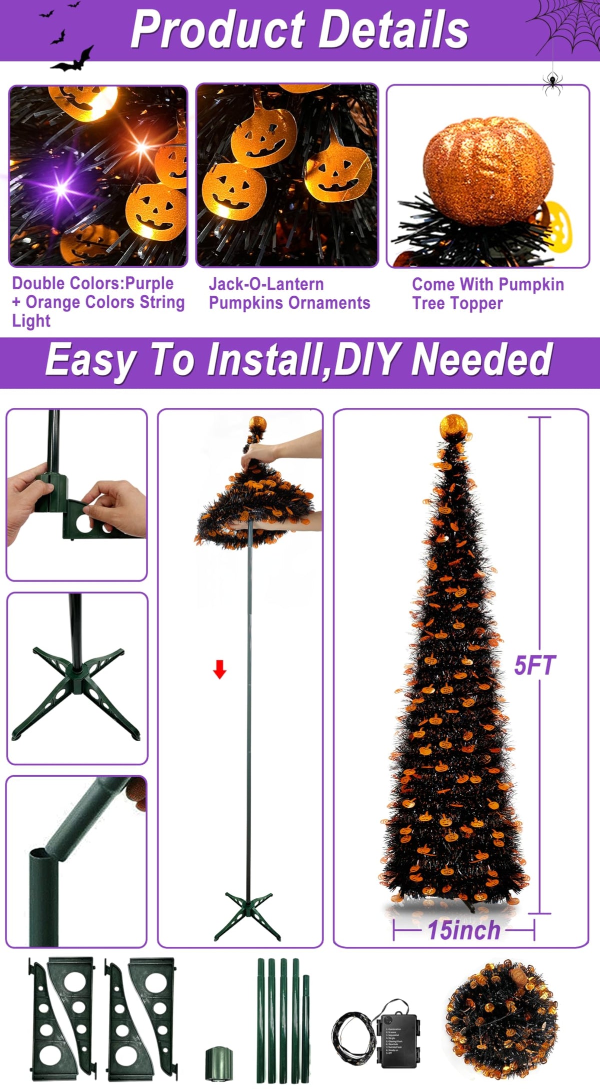 TURNMEON 5Ft Black Tinsel Halloween Tree with Lights Halloween Decorations – close-up detail