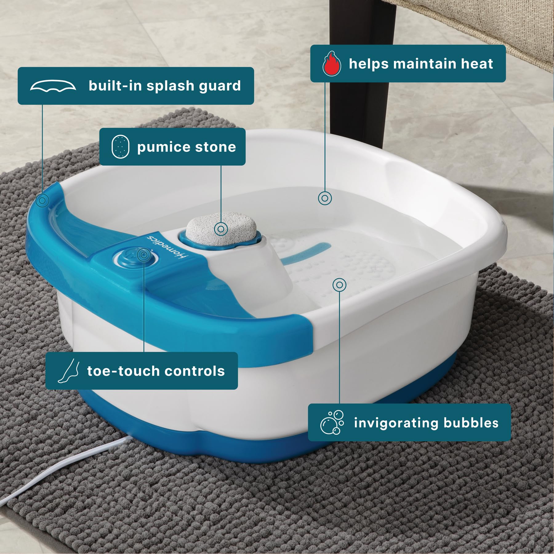 Homedics Bubble Mate foot spa massager with toe touch control, featuring bubbling jets and a relaxing foot bath design.